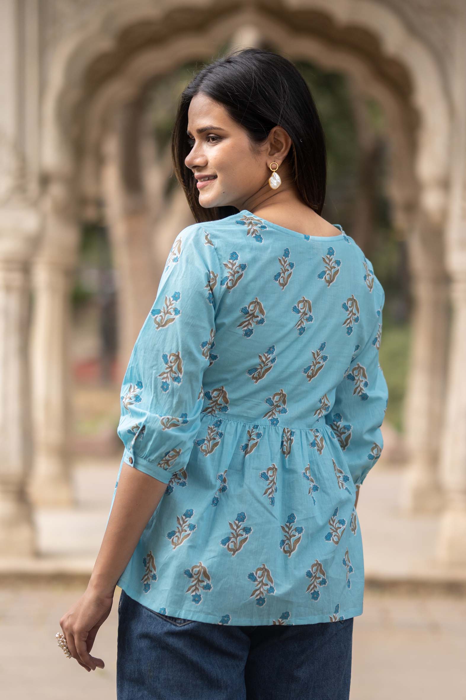 Sea Blue Flared Cotton Printed Short Top with Button Sleeves