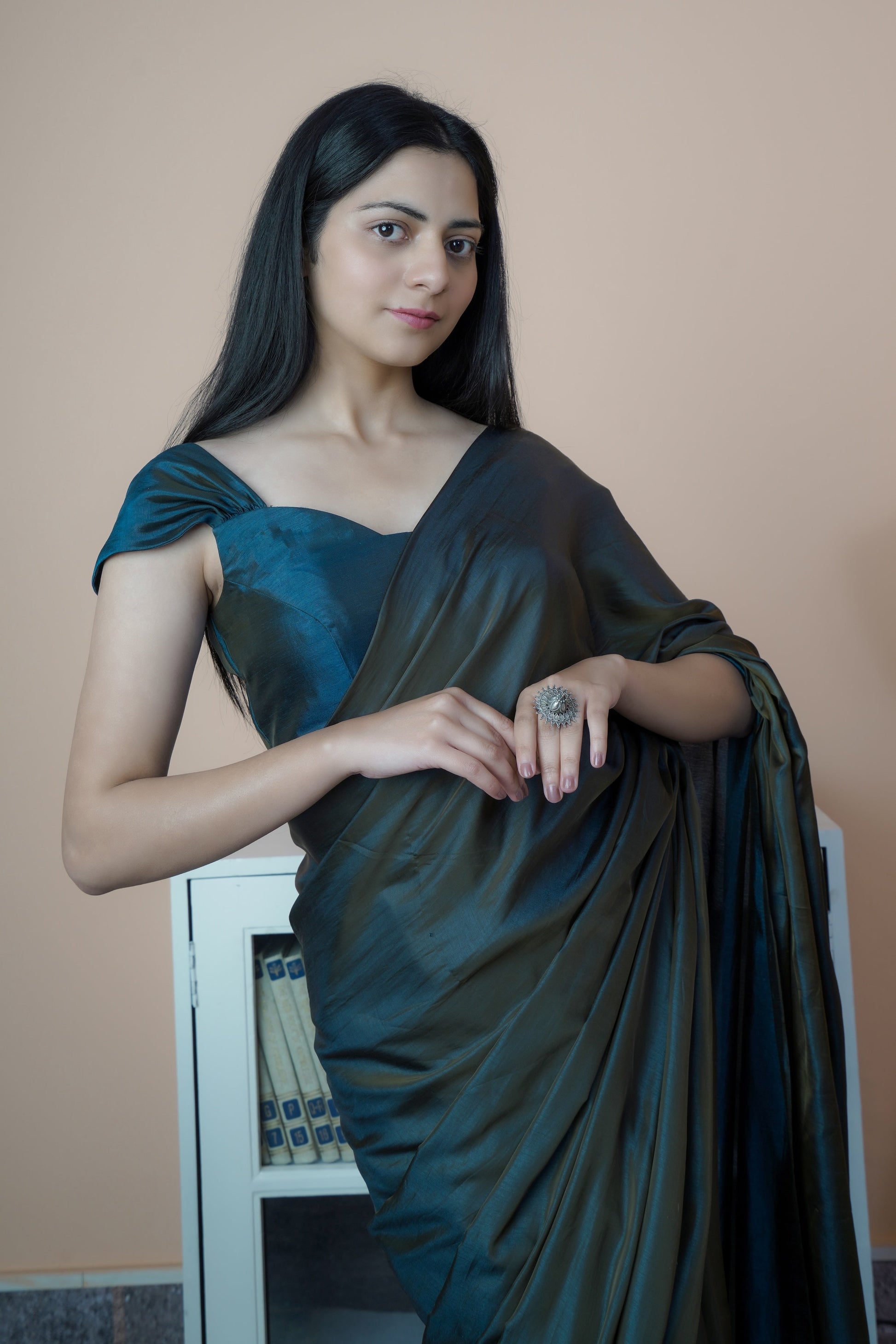 Appealing Grey Blue Dual Tone Reversible Satin Silk Saree