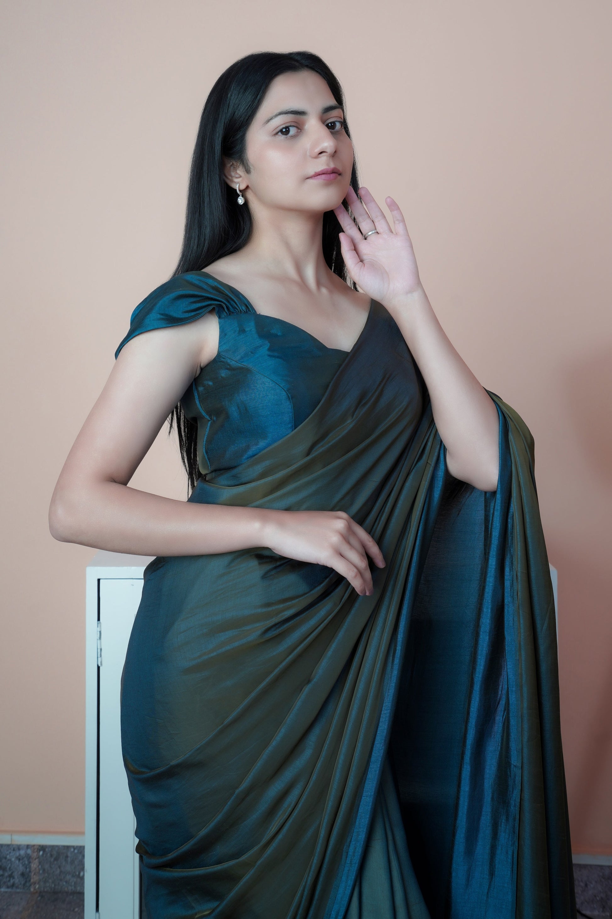 Appealing Grey Blue Dual Tone Reversible Satin Silk Saree