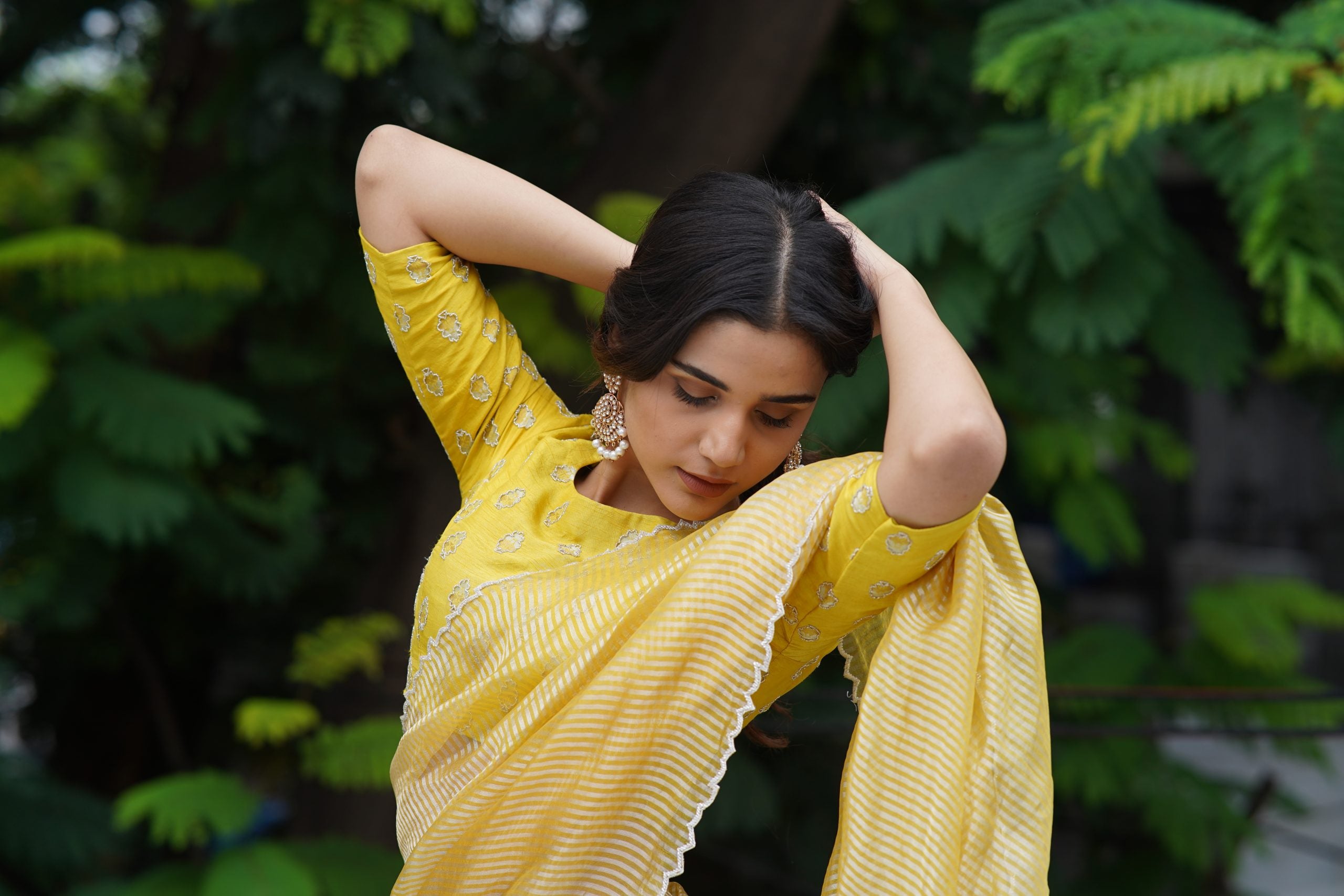 Yellow Tissue Silk Saree with Silver Zari Stripes & Katdana Work - Handmade