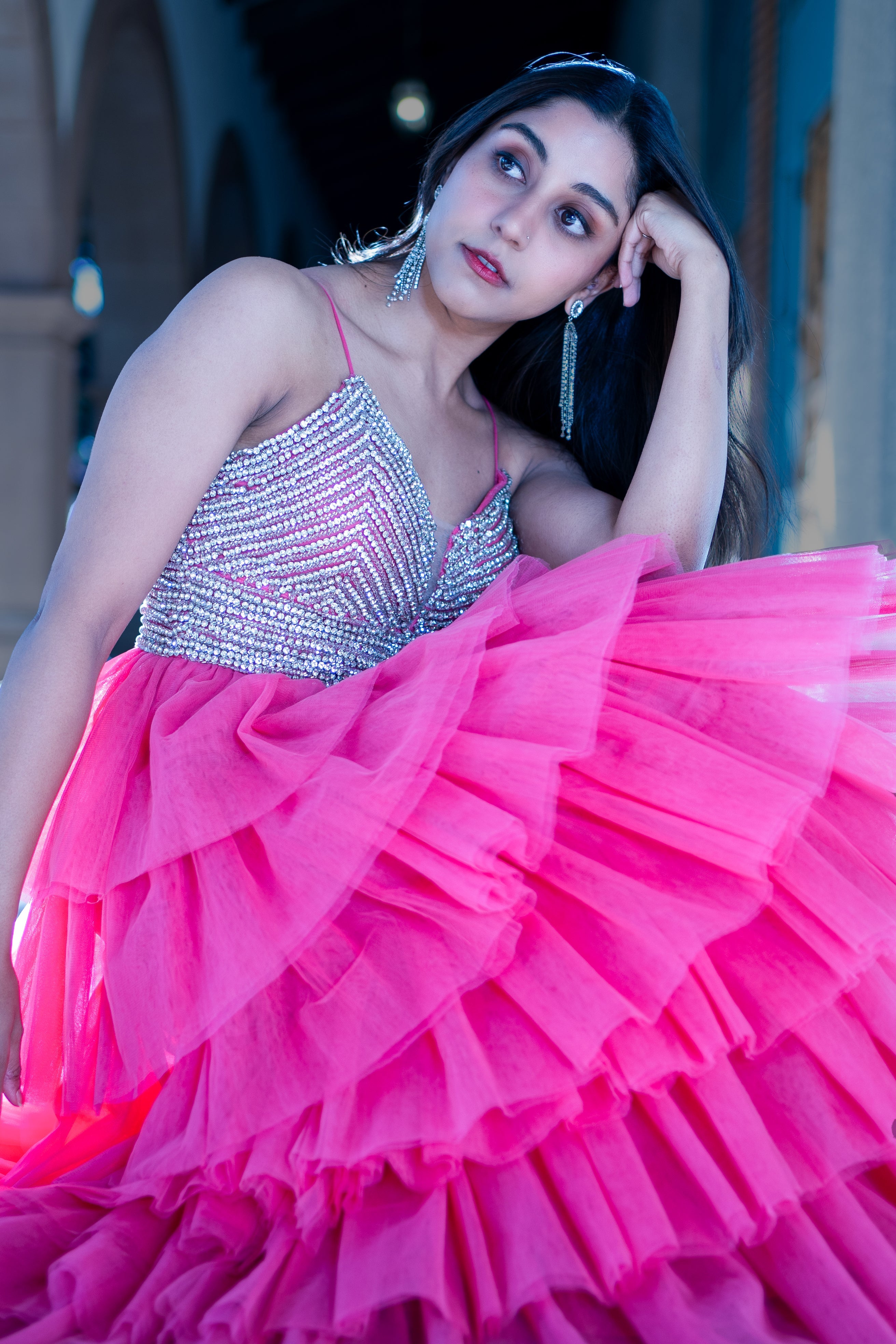 Mesmerizing Pink Viscose Tulle Ruffle Dance Gown Stone Embroidery