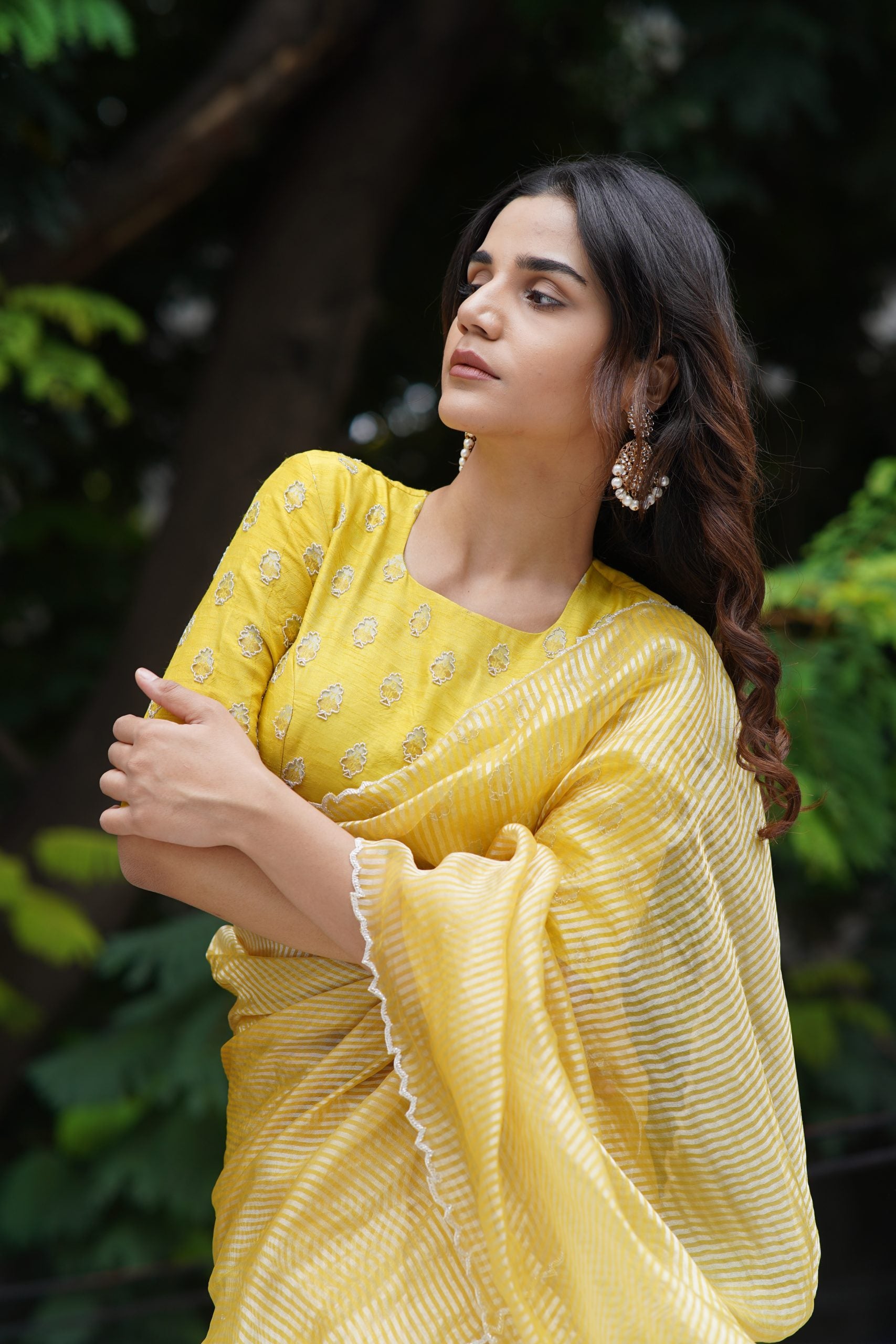 Yellow Tissue Silk Saree with Silver Zari Stripes & Katdana Work - Handmade