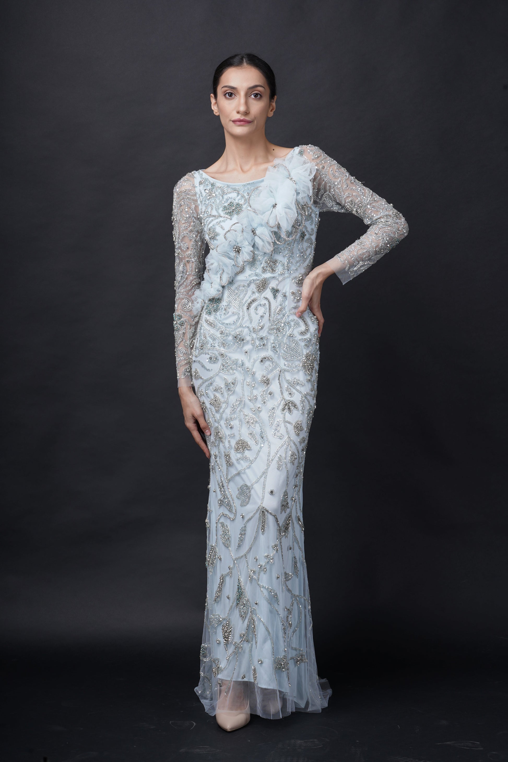 Fairytale Baby Blue Viscose Tulle Wisteria Dream Embroidered Gown