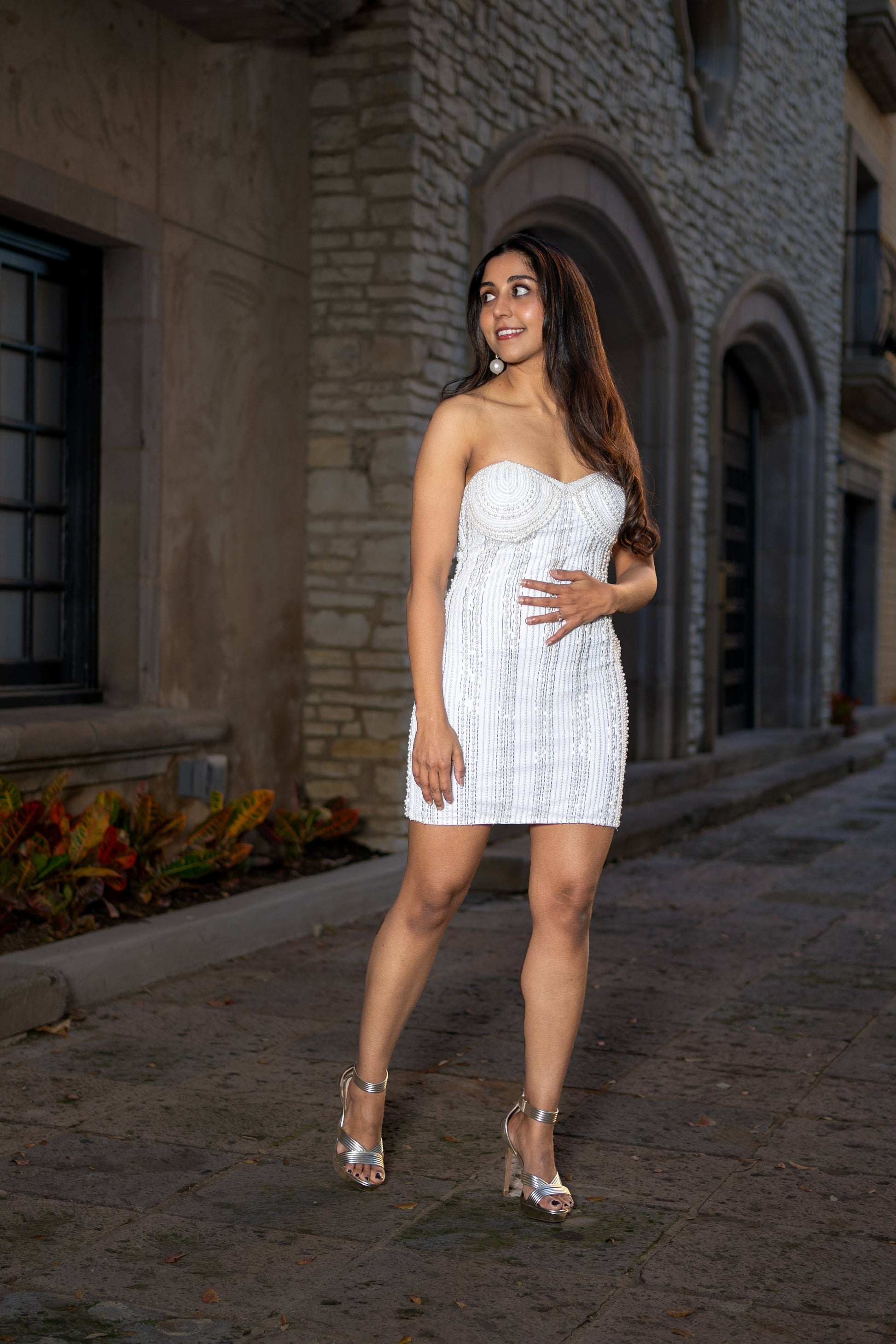 Enchanting White Viscose Tulle Island Escape Pearl Embroidery Dress