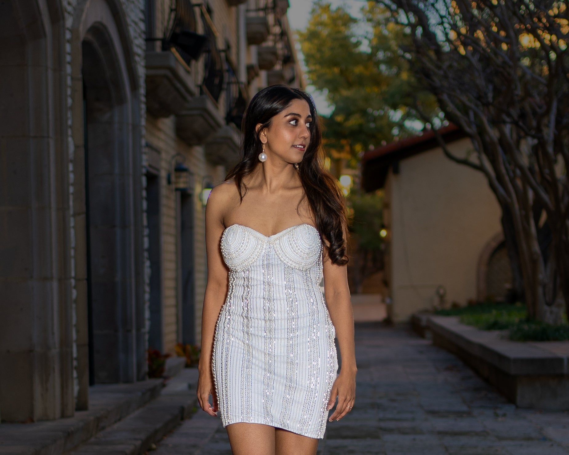 Enchanting White Viscose Tulle Island Escape Pearl Embroidery Dress