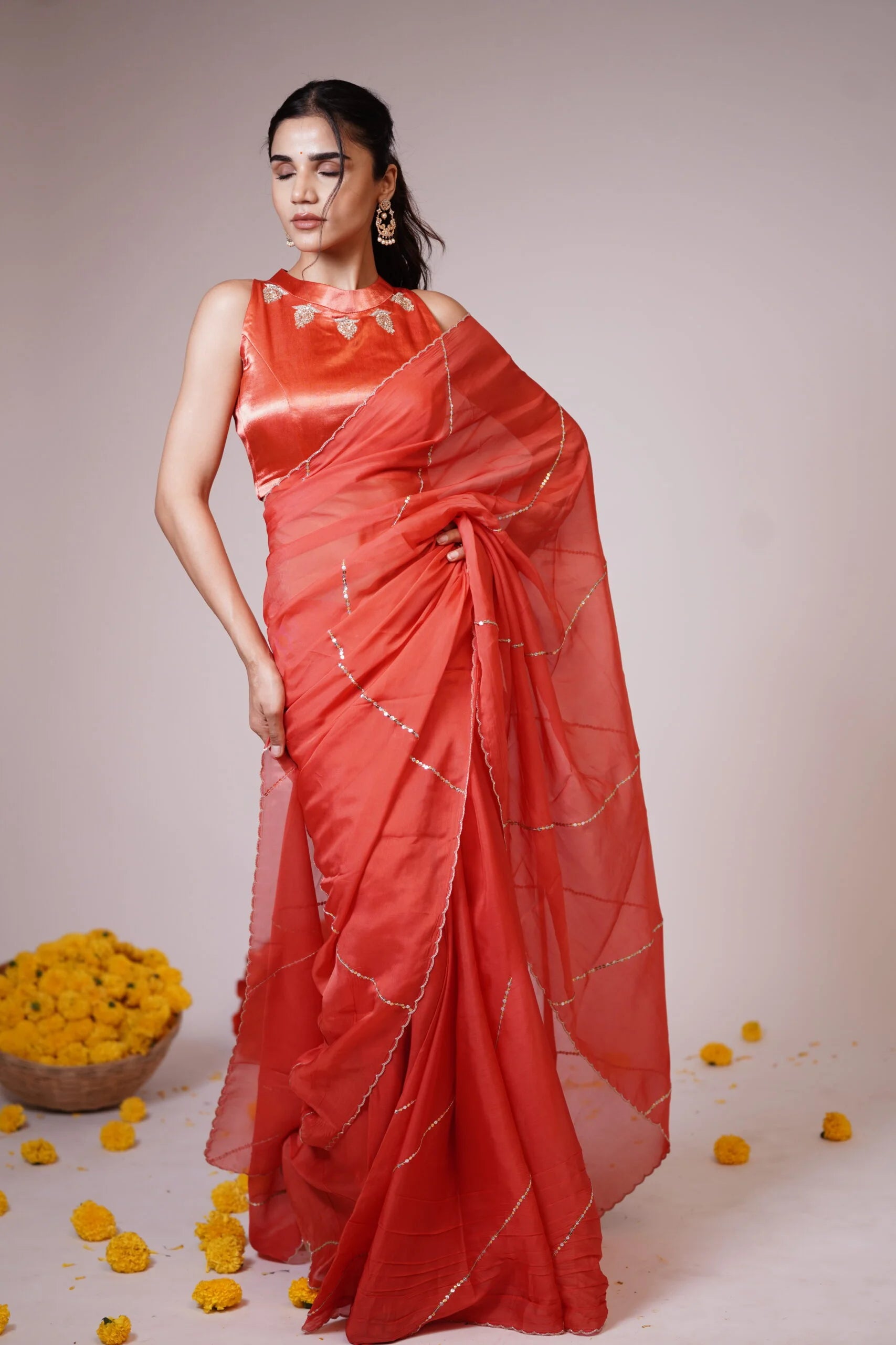 Mandhaara Sienna Red Embellished Organza Saree - Festive Wear