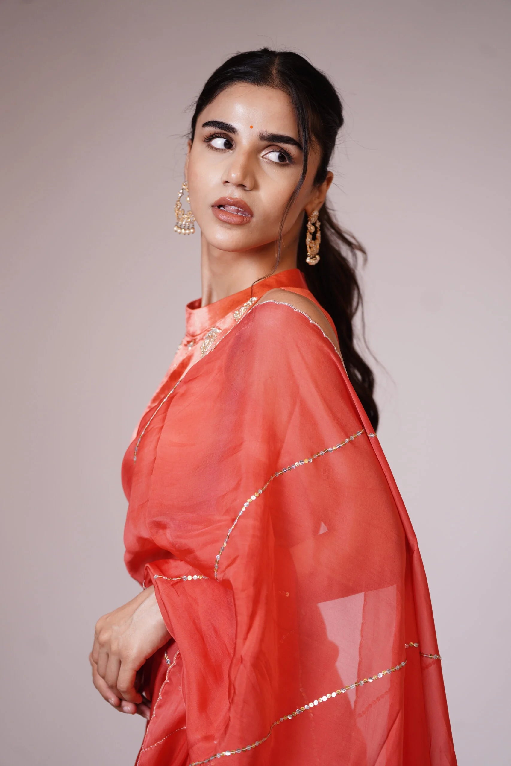 Mandhaara Sienna Red Embellished Organza Saree - Festive Wear