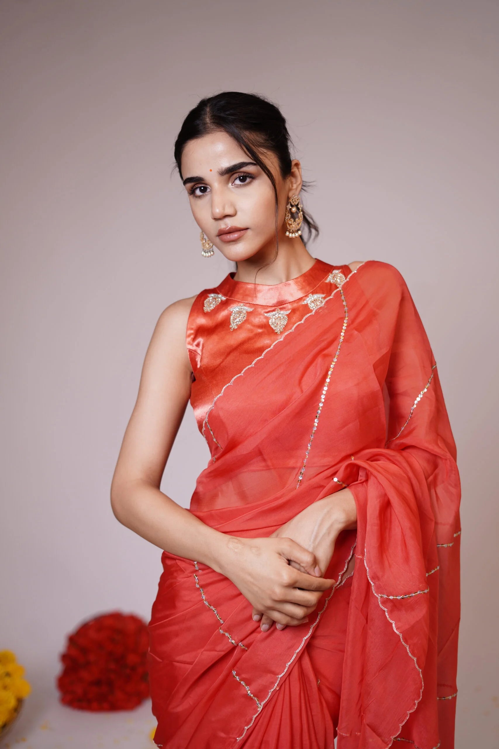 Mandhaara Sienna Red Embellished Organza Saree - Festive Wear