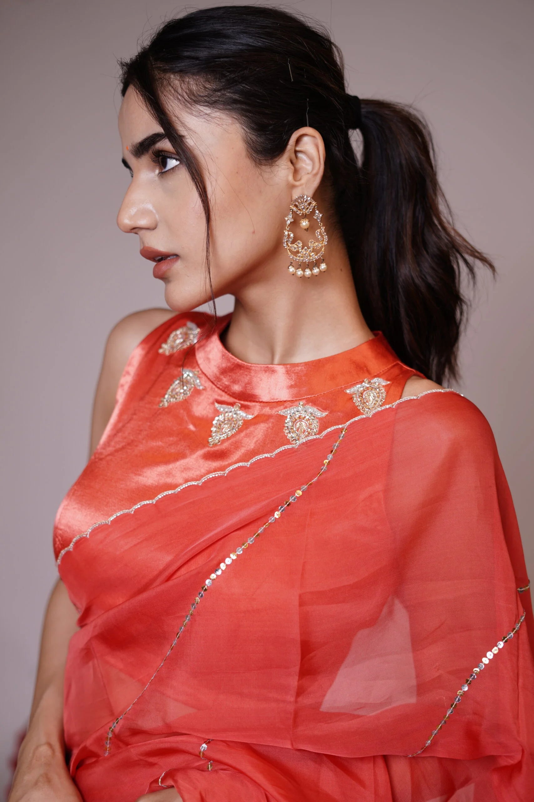 Mandhaara Sienna Red Embellished Organza Saree - Festive Wear