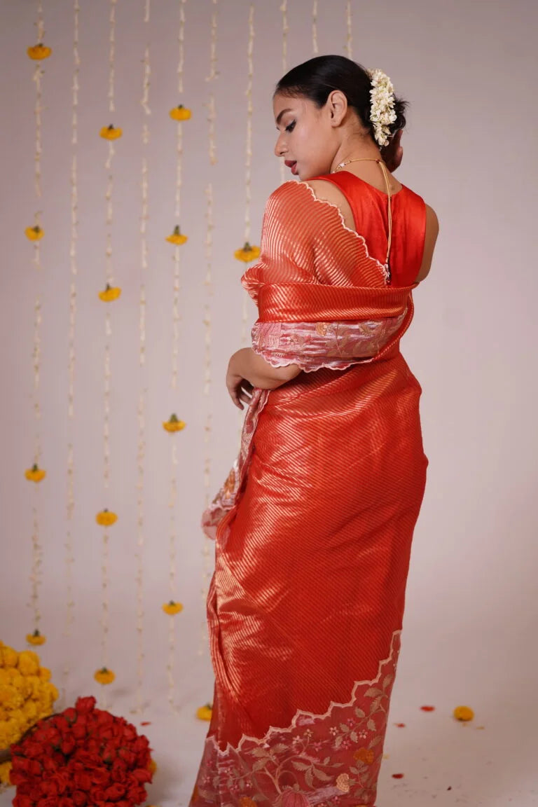 Mandhaara Kumakumati Vibrant Red Tissue Saree - Wedding & Festive Saree