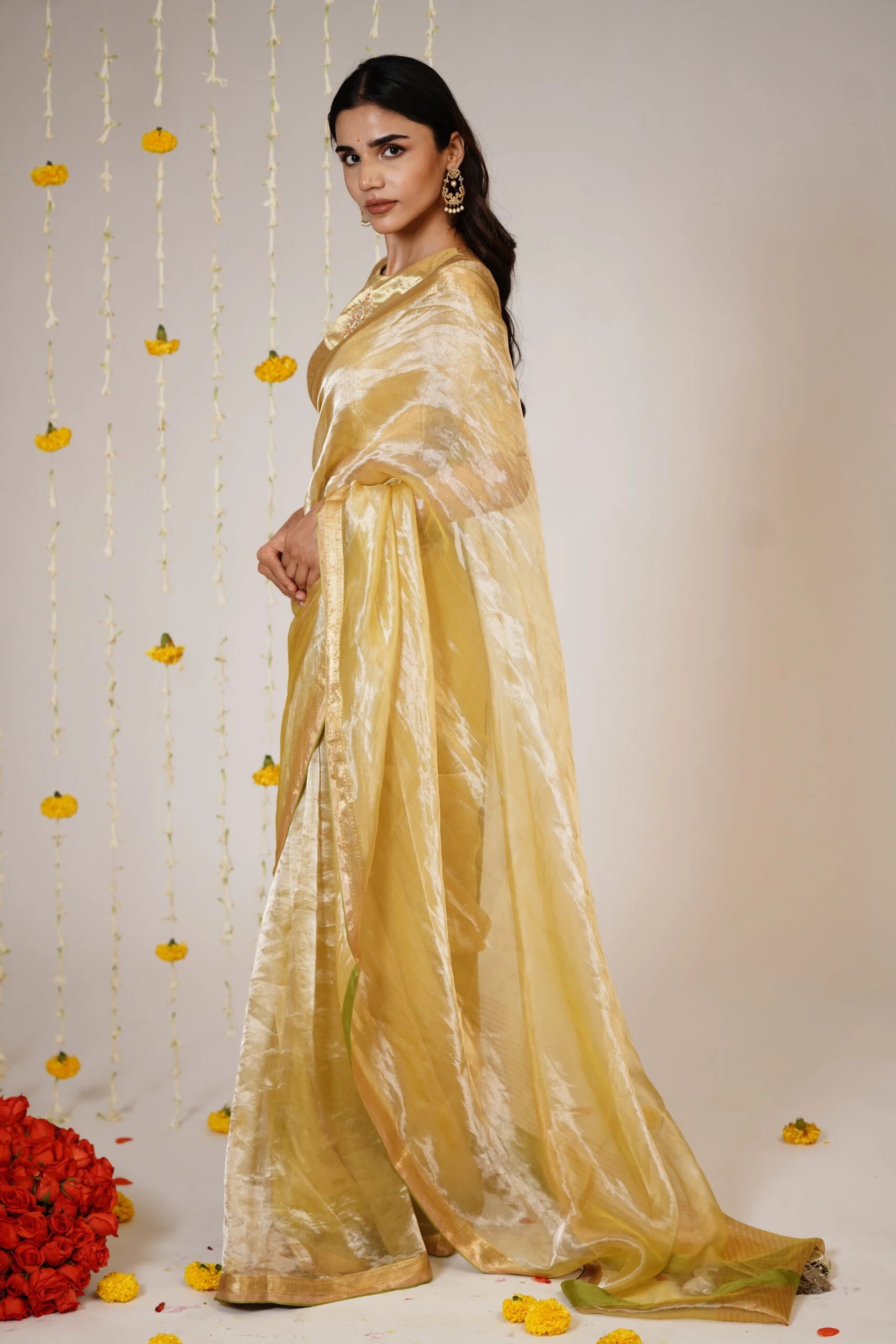 Mandhaara Nyavapitahari Gold & Green Tissue Saree - Wedding & Festive Wear