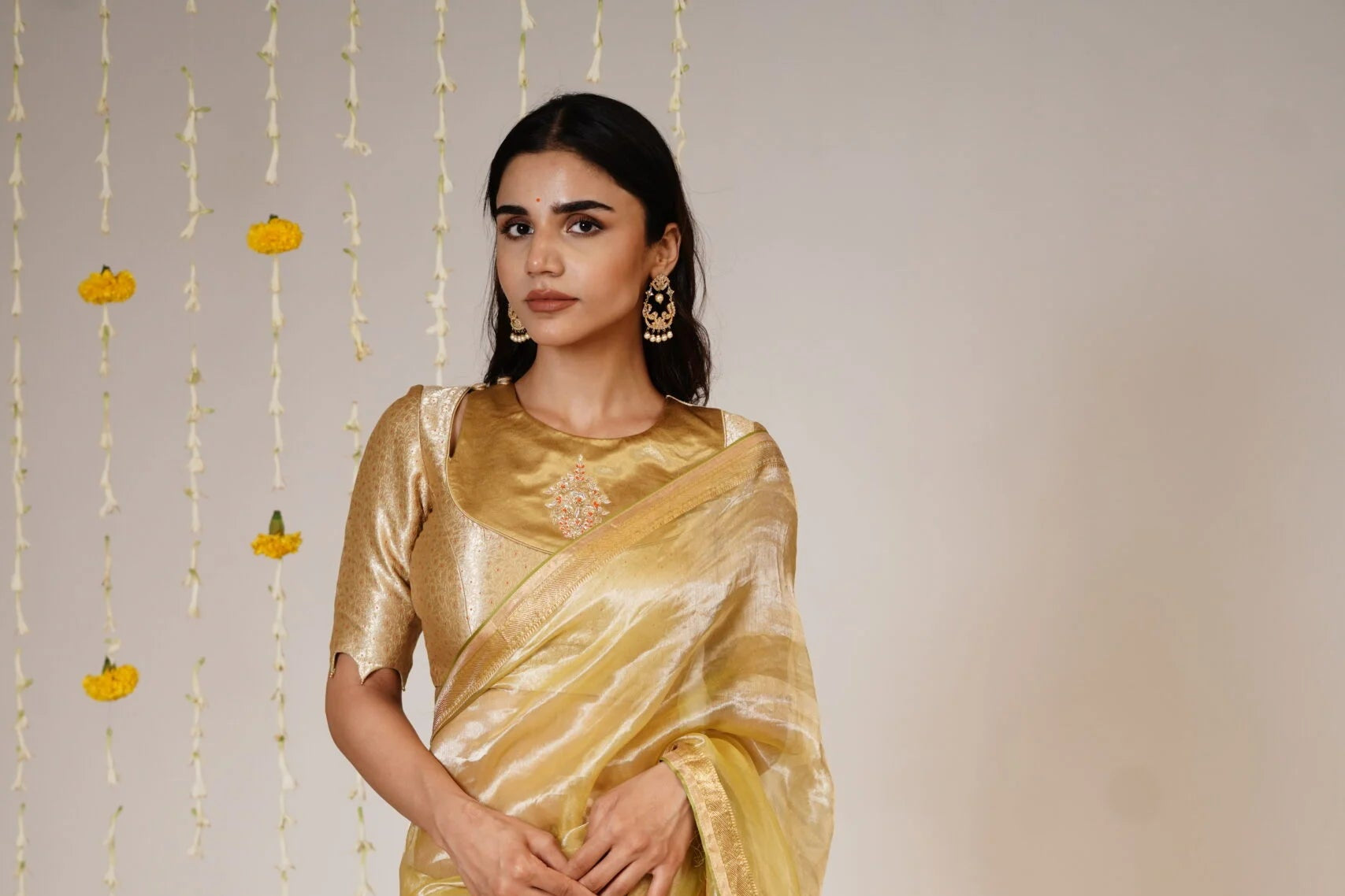 Mandhaara Nyavapitahari Gold & Green Tissue Saree - Wedding & Festive Wear