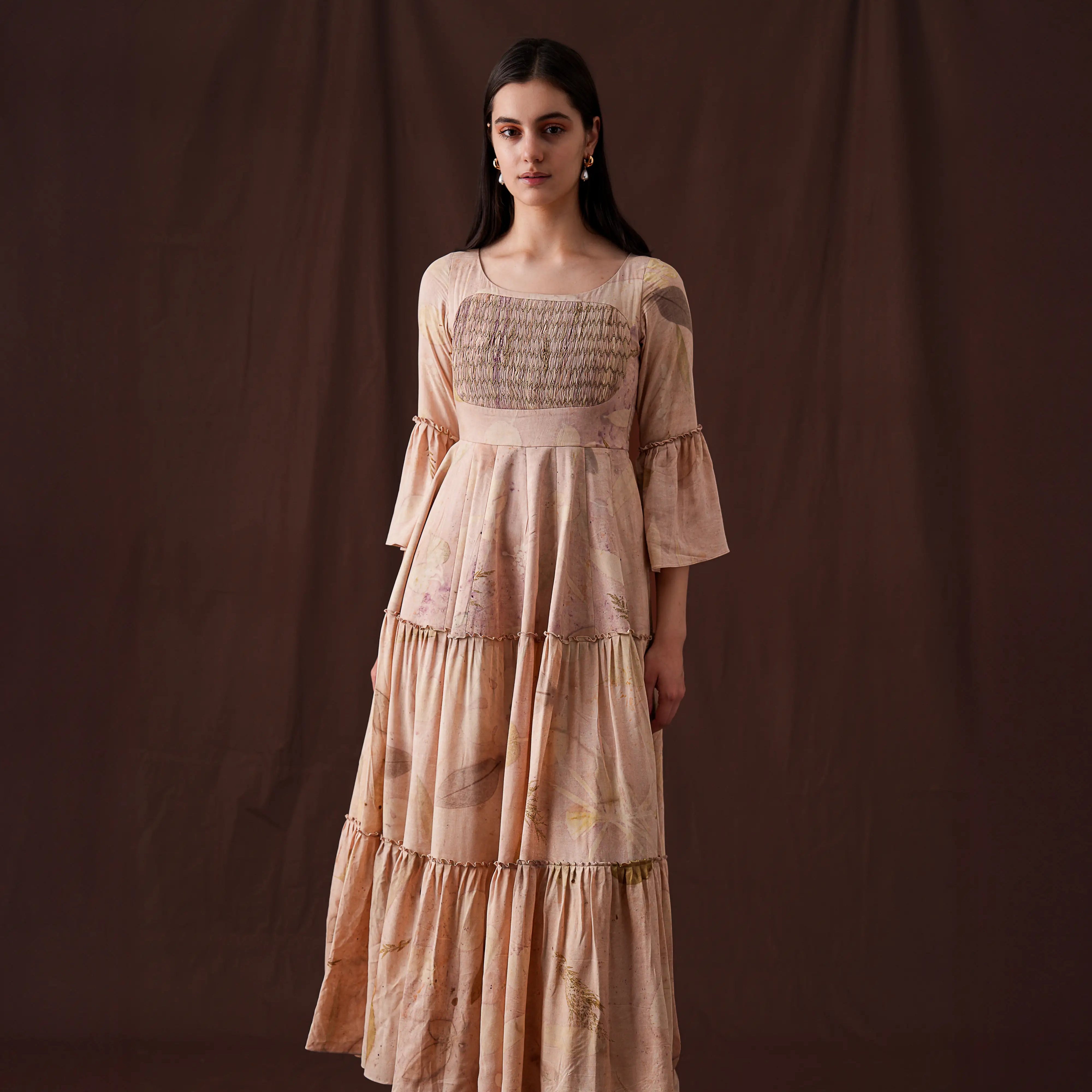 Feminine Peachy Pink Banana Cellulose Square Neck Tiered Maxi Dress