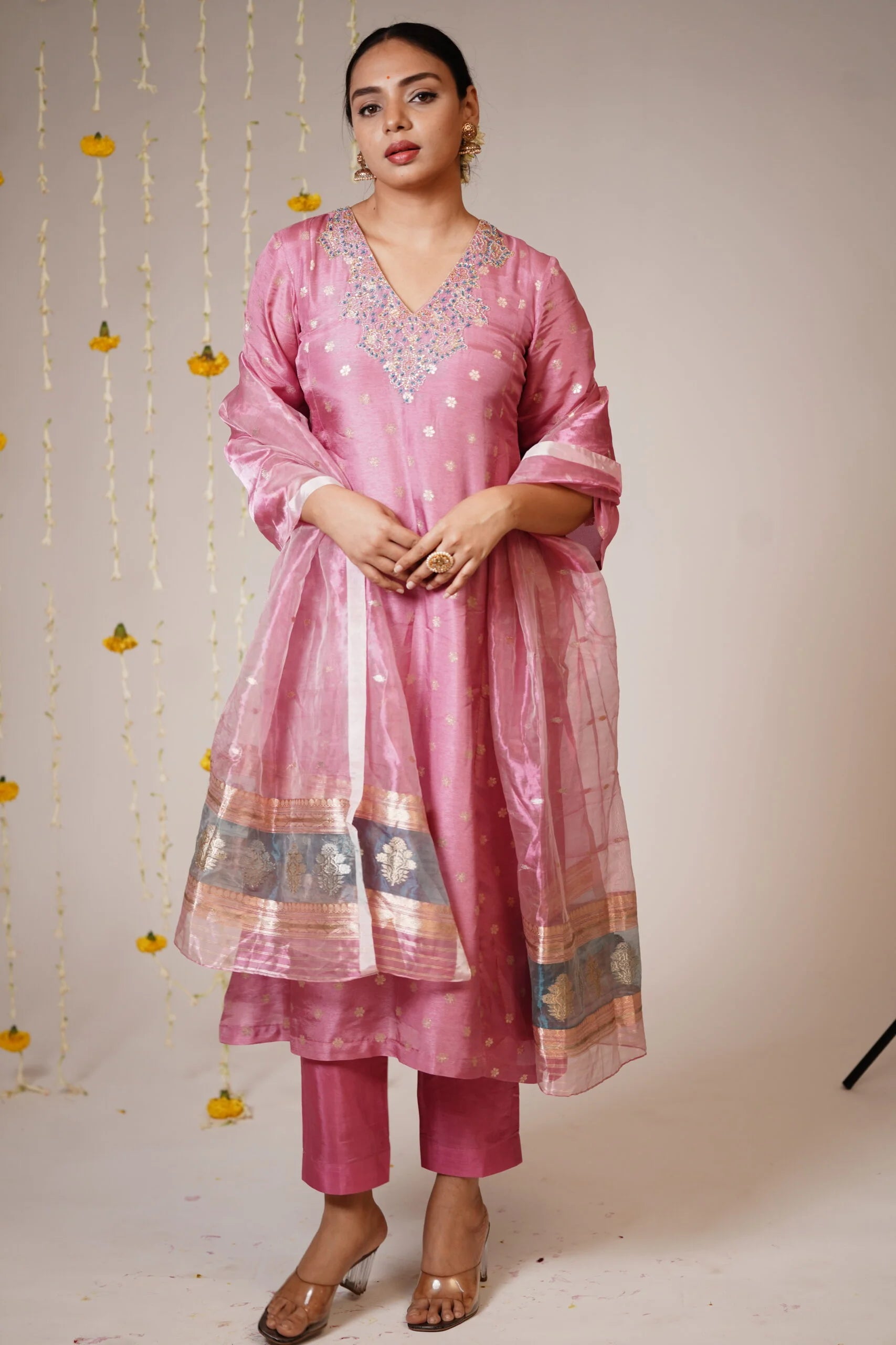 Mandhaara Soft Berry Pink Tissue Dress with Organza Dupatta - Festive Dress