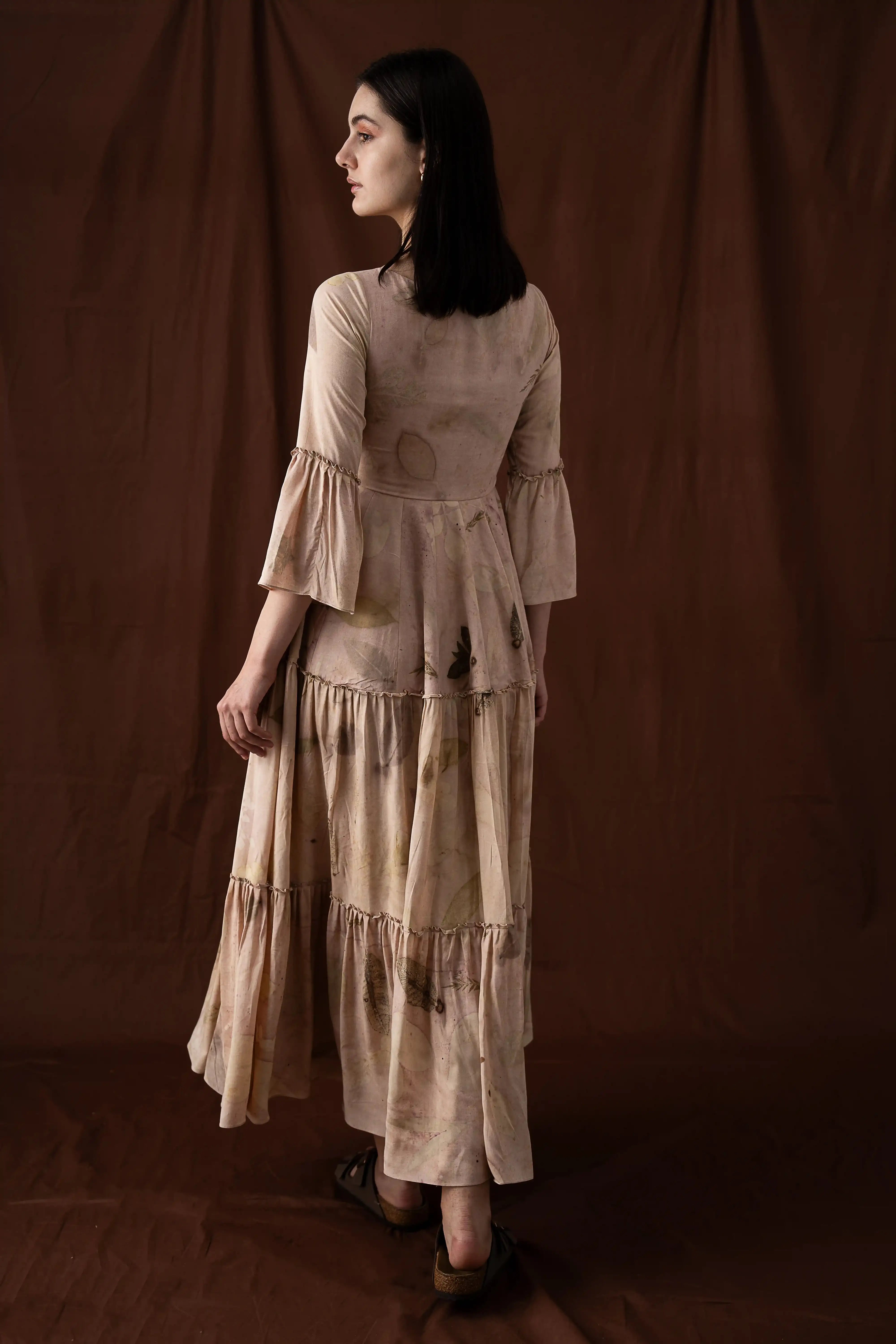 Feminine Peachy Pink Banana Cellulose Square Neck Tiered Maxi Dress