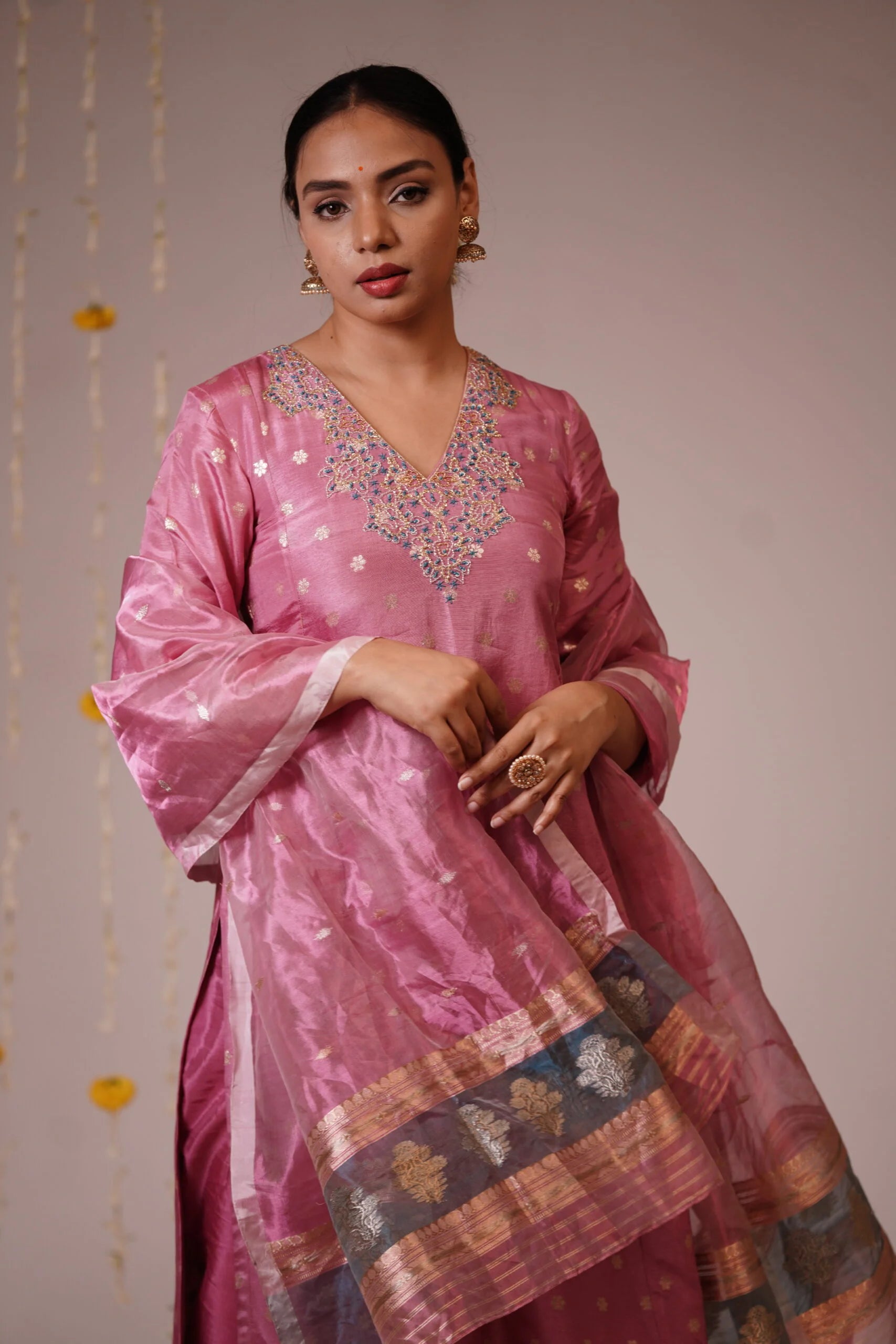 Mandhaara Soft Berry Pink Tissue Dress with Organza Dupatta - Festive Dress