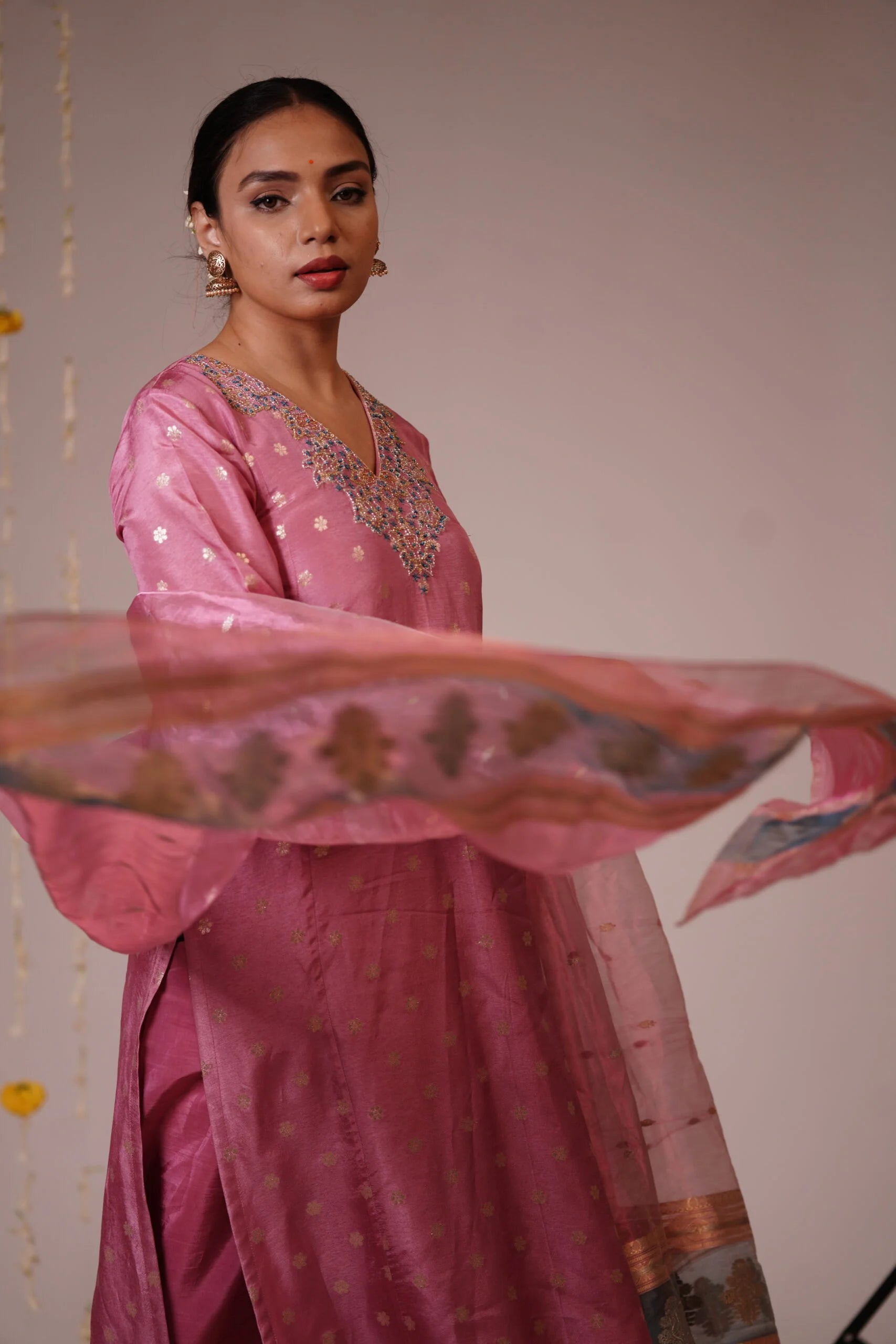 Mandhaara Soft Berry Pink Tissue Dress with Organza Dupatta - Festive Dress