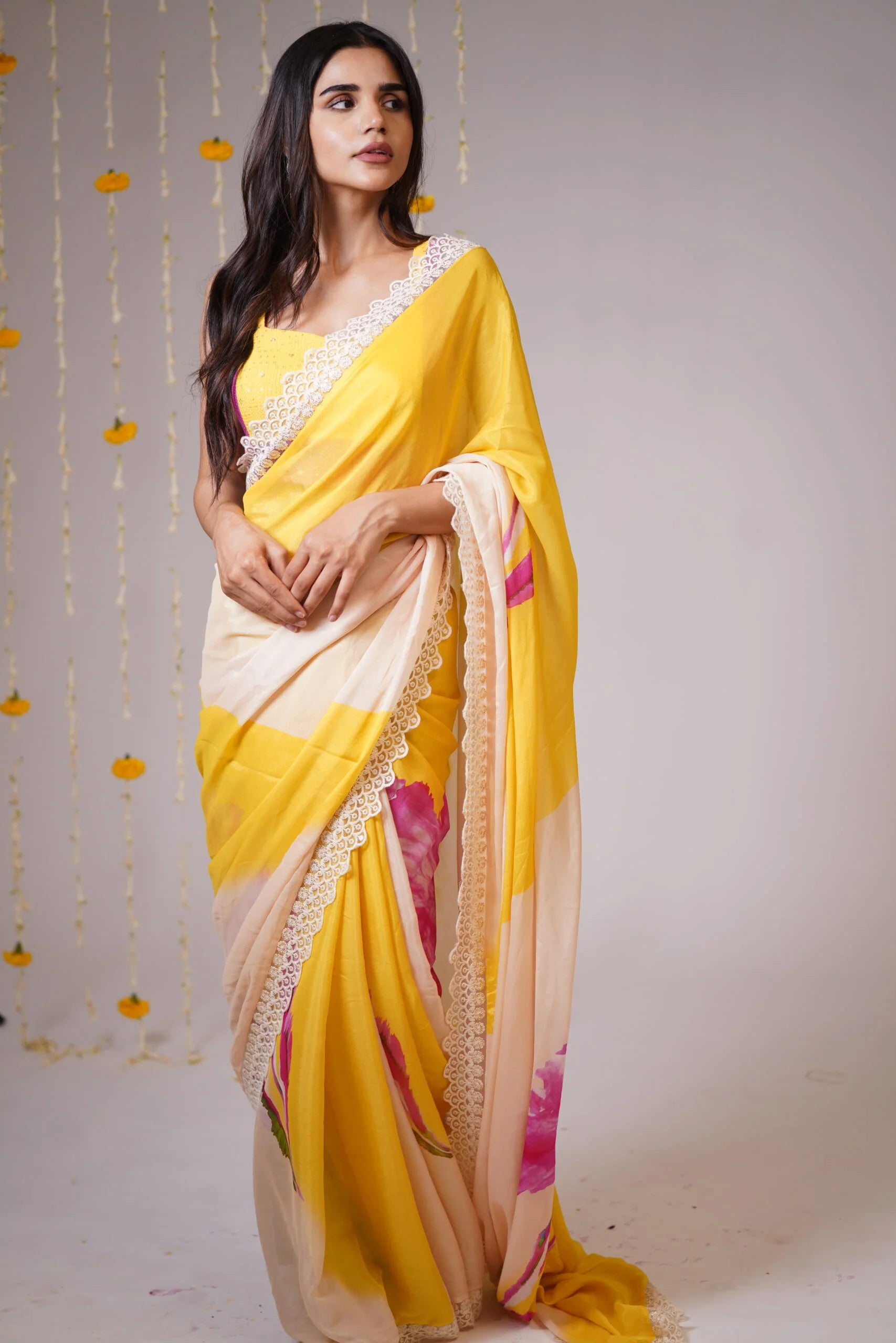 Mandhaara Haridra Yellow Floral Georgette Saree with Lace Border - Hand-Painted Saree