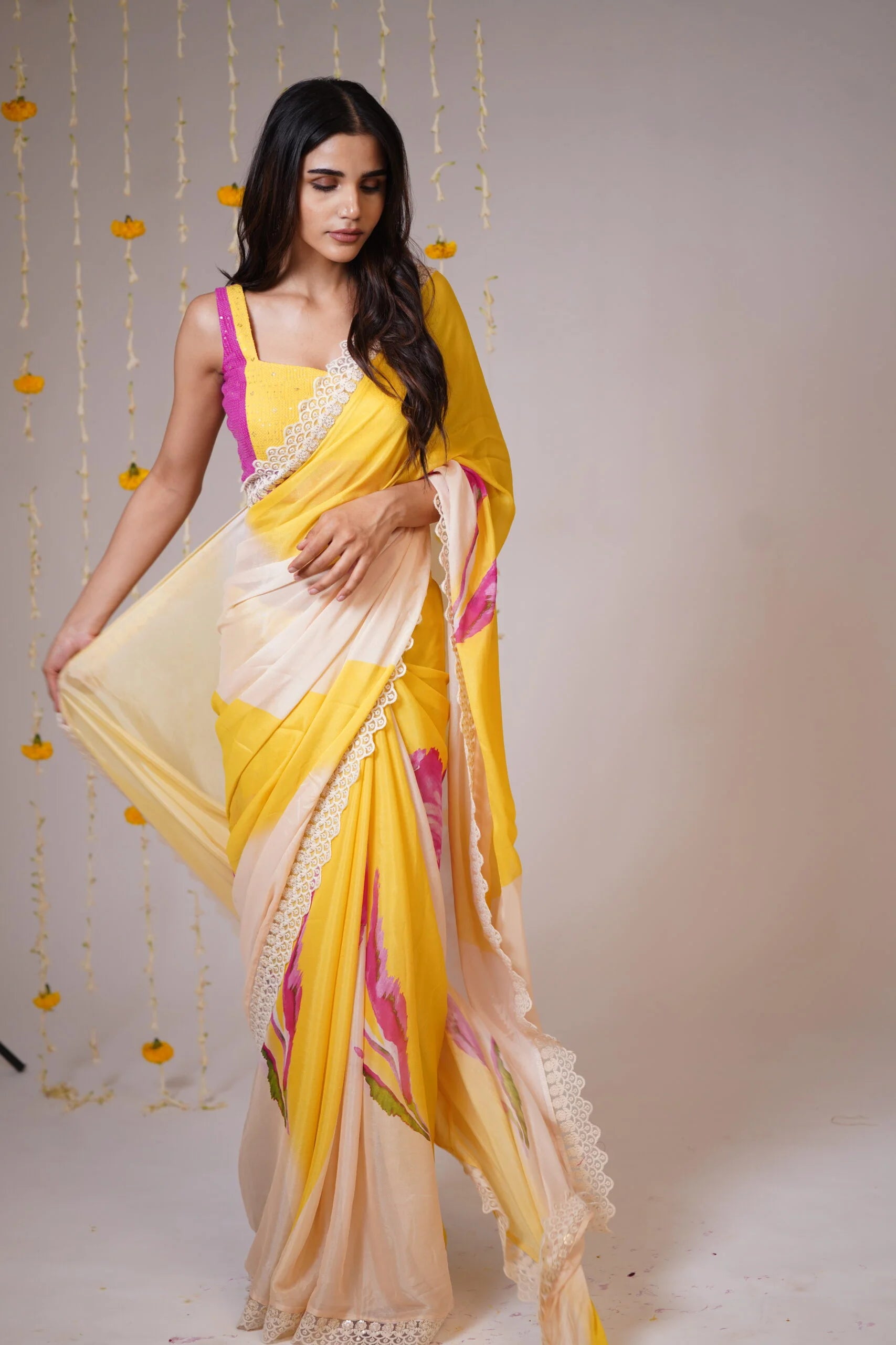 Mandhaara Haridra Yellow Floral Georgette Saree with Lace Border - Hand-Painted Saree