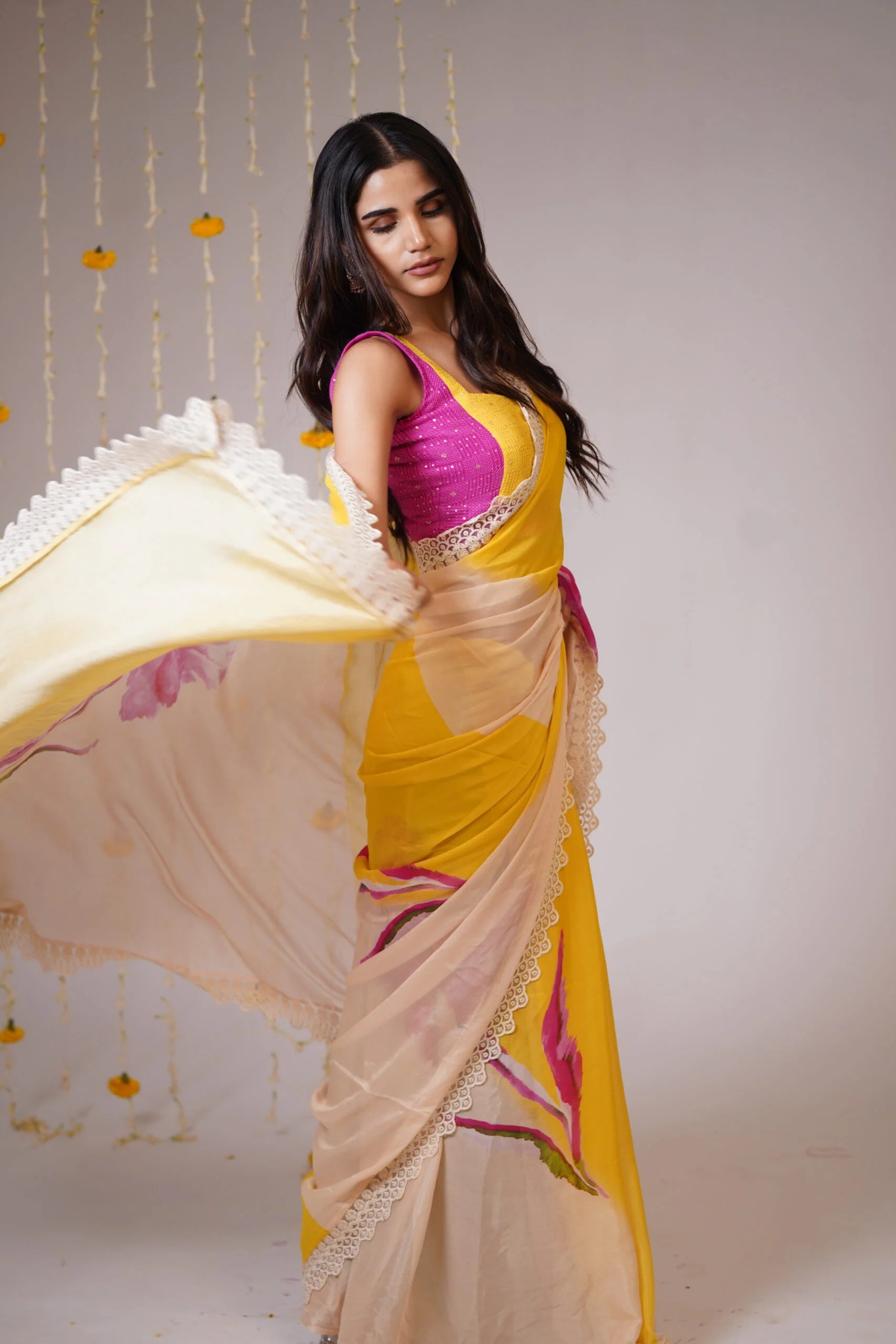 Mandhaara Haridra Yellow Floral Georgette Saree with Lace Border - Hand-Painted Saree