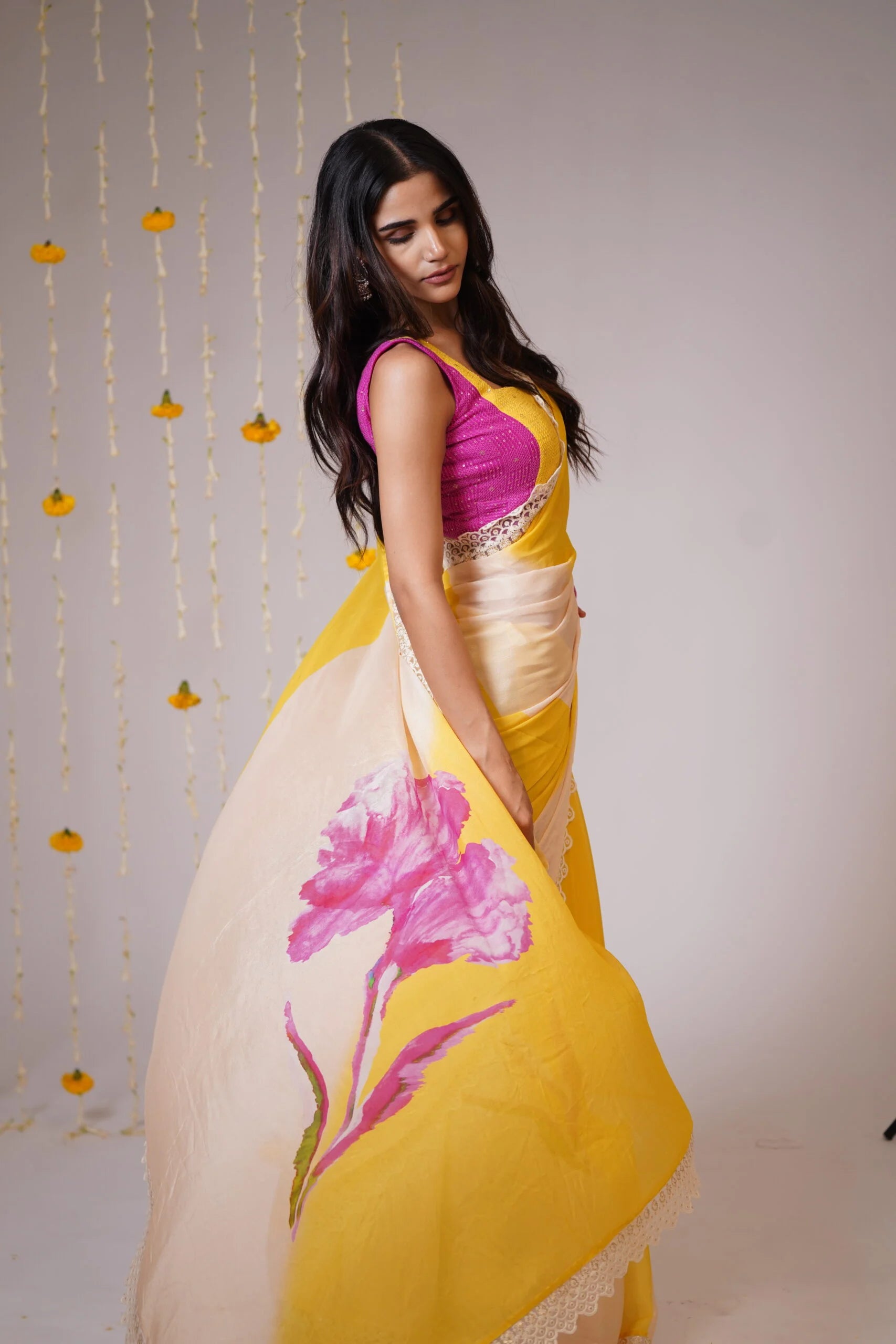 Mandhaara Haridra Yellow Floral Georgette Saree with Lace Border - Hand-Painted Saree