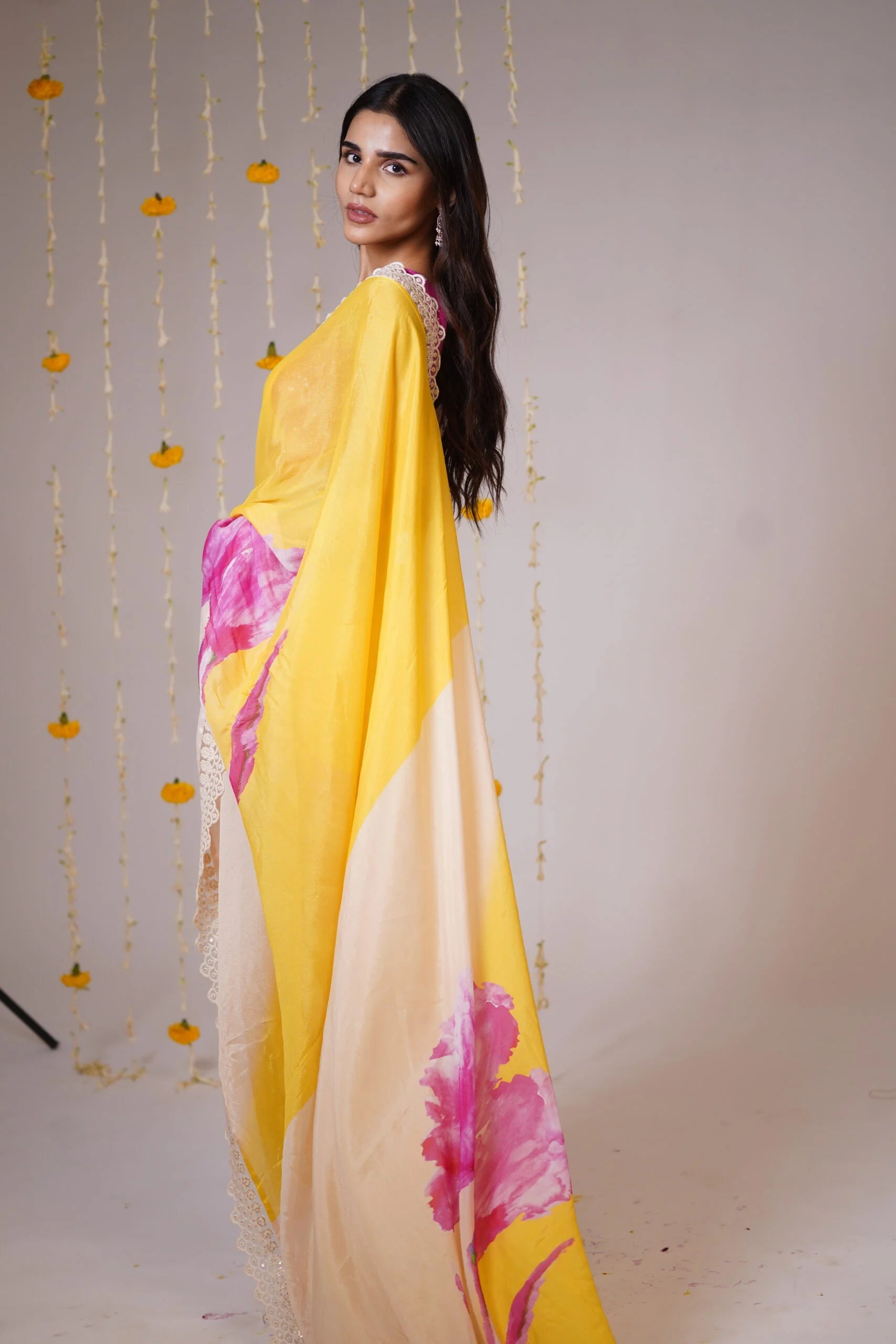 Mandhaara Haridra Yellow Floral Georgette Saree with Lace Border - Hand-Painted Saree