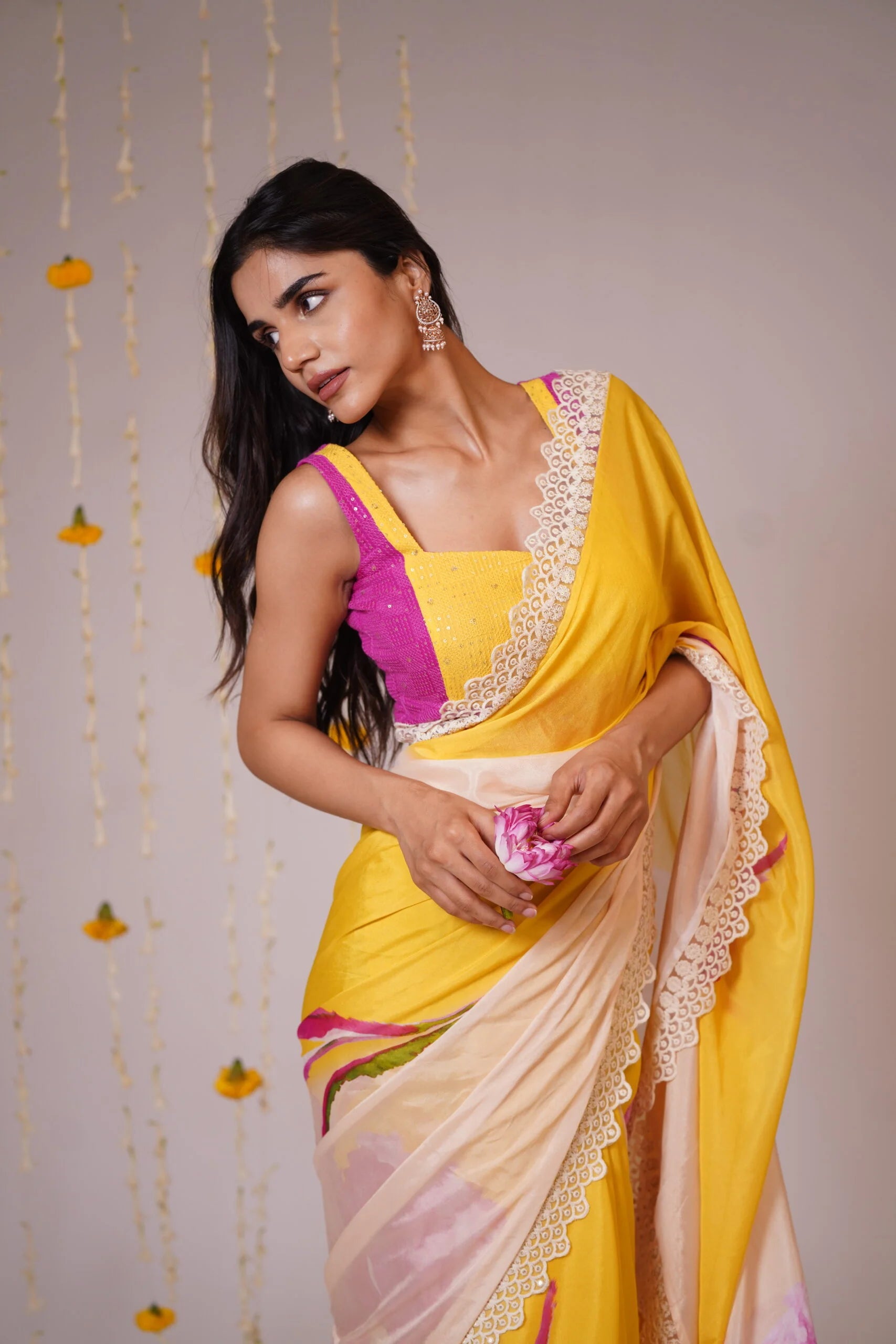 Mandhaara Haridra Yellow Floral Georgette Saree with Lace Border - Hand-Painted Saree
