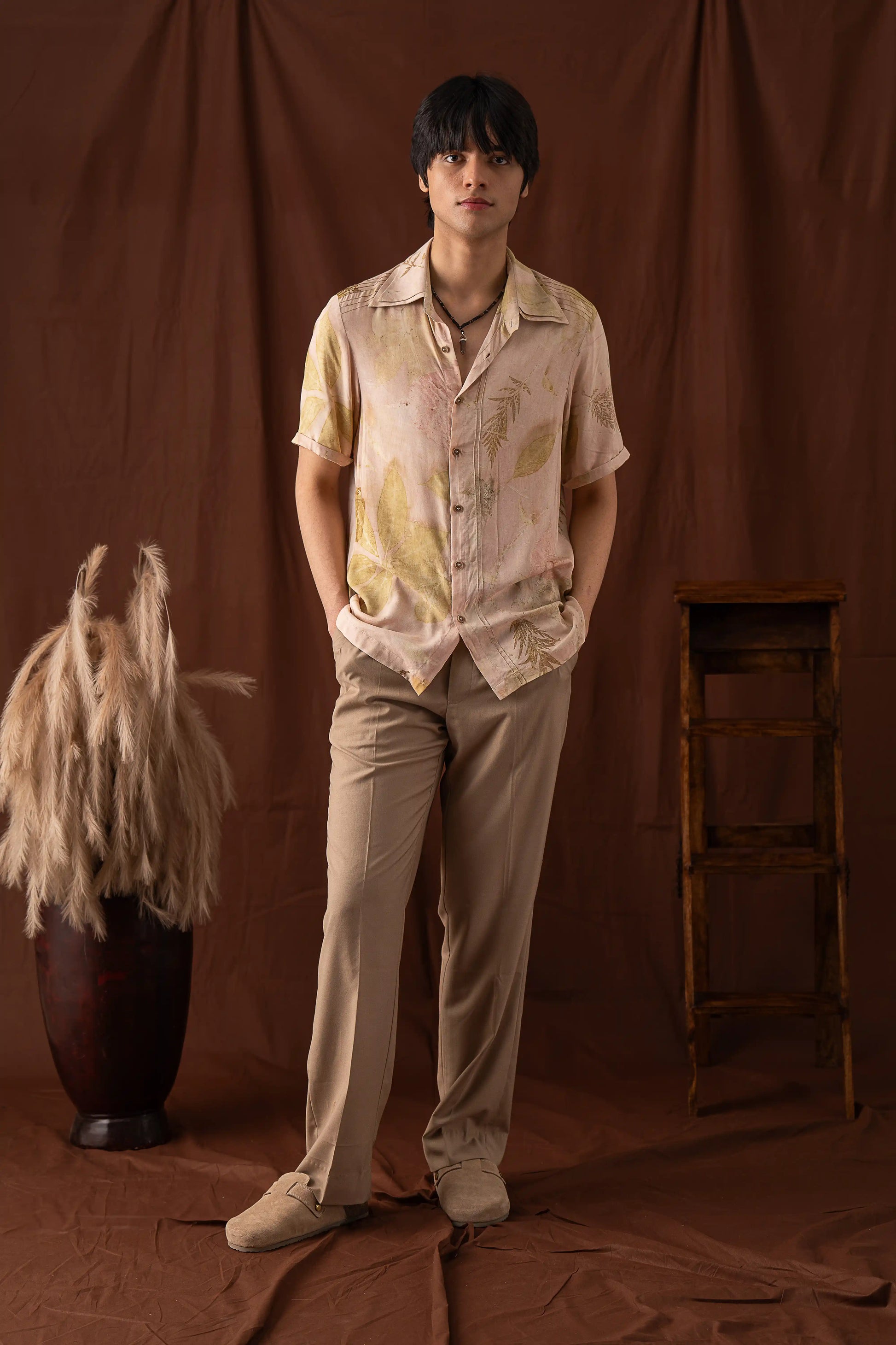 Lightweight Peachy Pink Banana Fiber Leaf Floral Print Shirt