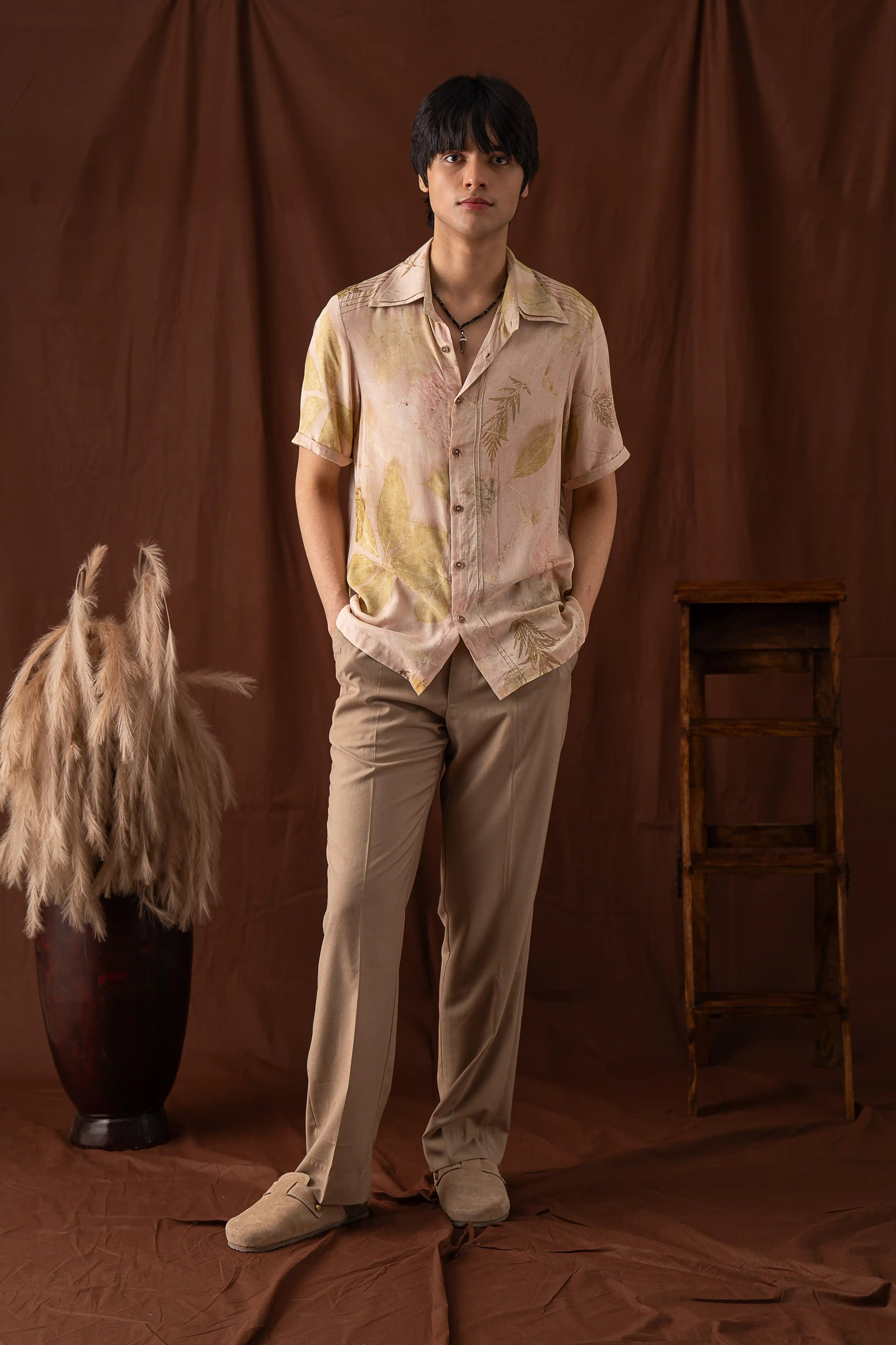 Lightweight Peachy Pink Banana Fiber Leaf Floral Print Shirt