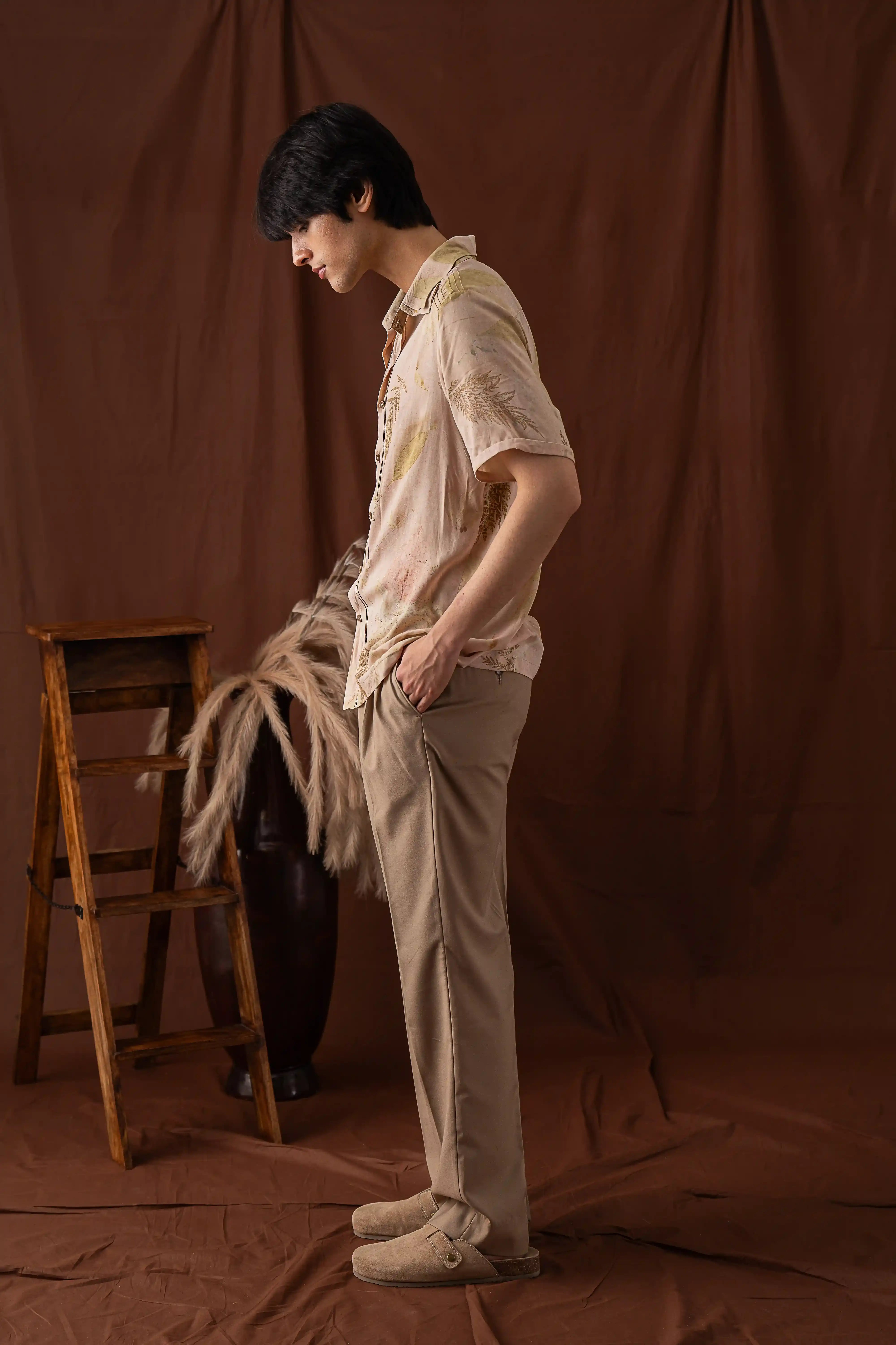 Lightweight Peachy Pink Banana Fiber Leaf Floral Print Shirt