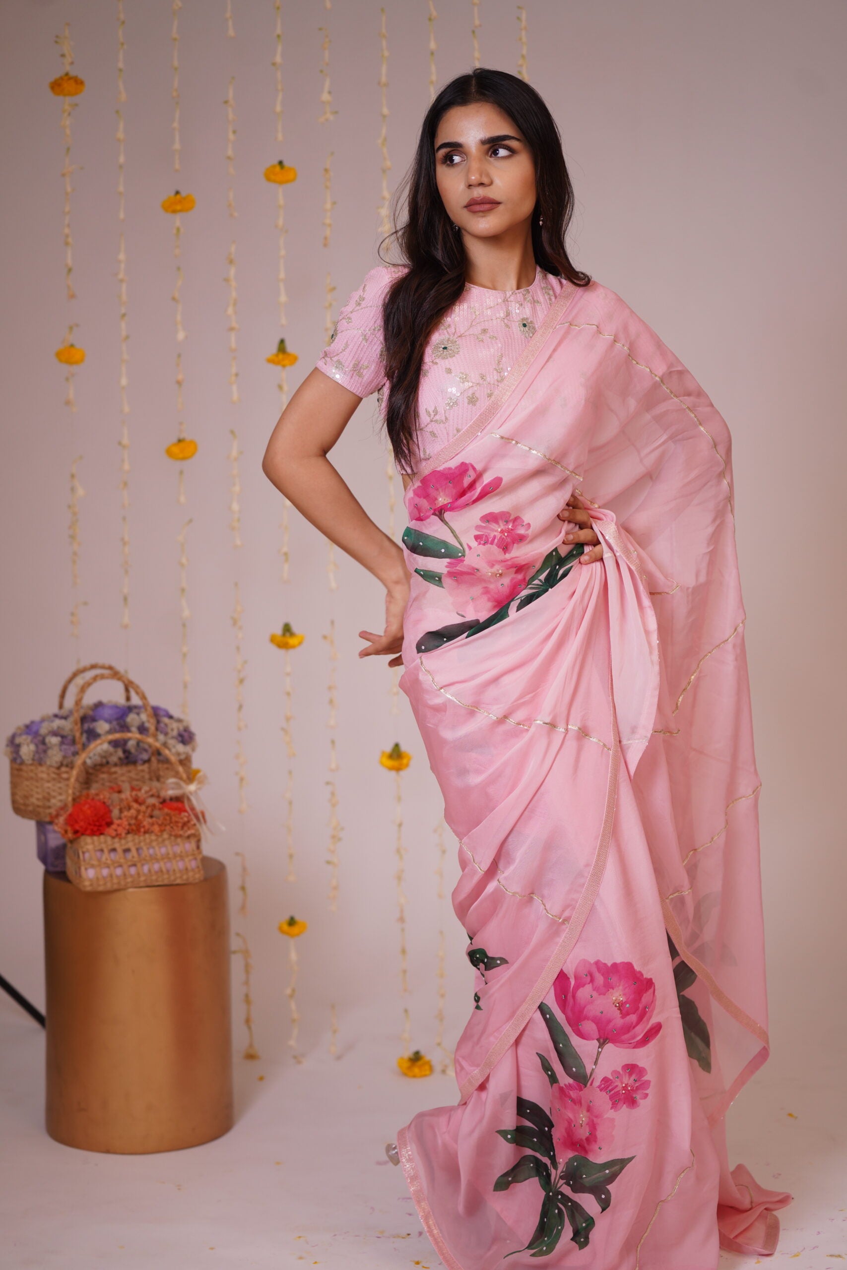 Mandhaara Patalam Pushpam Pink Floral Organza Saree - Festive Elegance