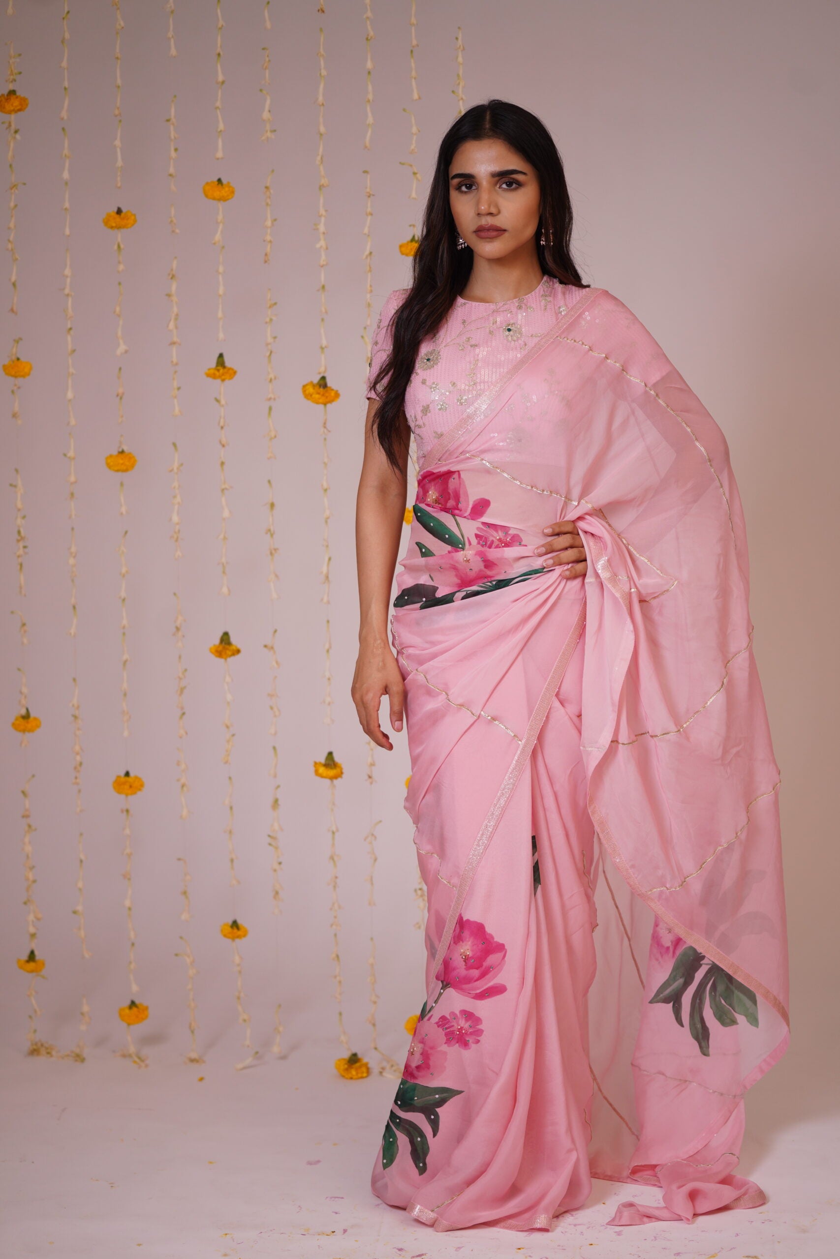 Mandhaara Patalam Pushpam Pink Floral Organza Saree - Festive Elegance