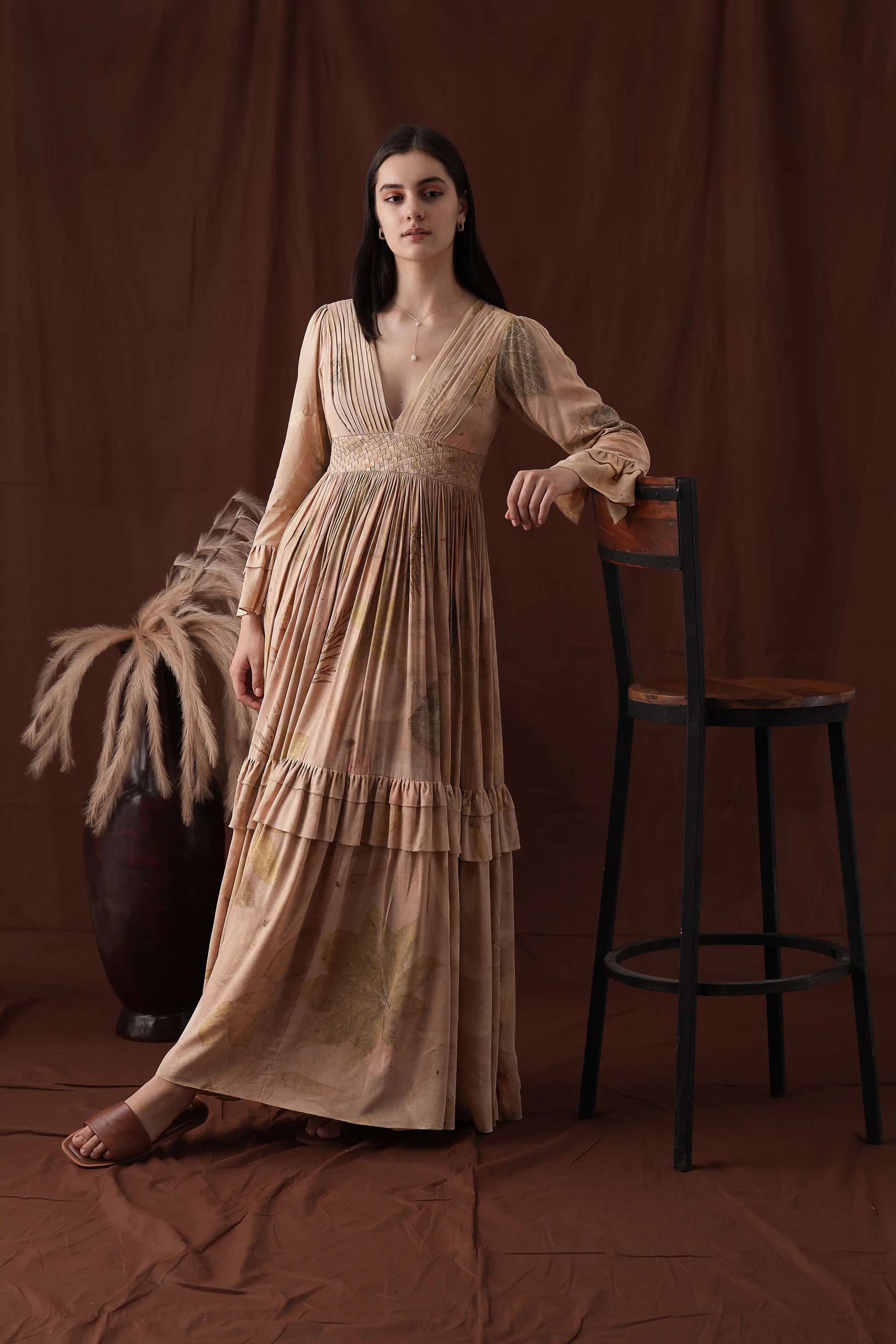 Elegant Beige Banana Fabric Mul Cotton V-Neck Tiered Maxi Dress