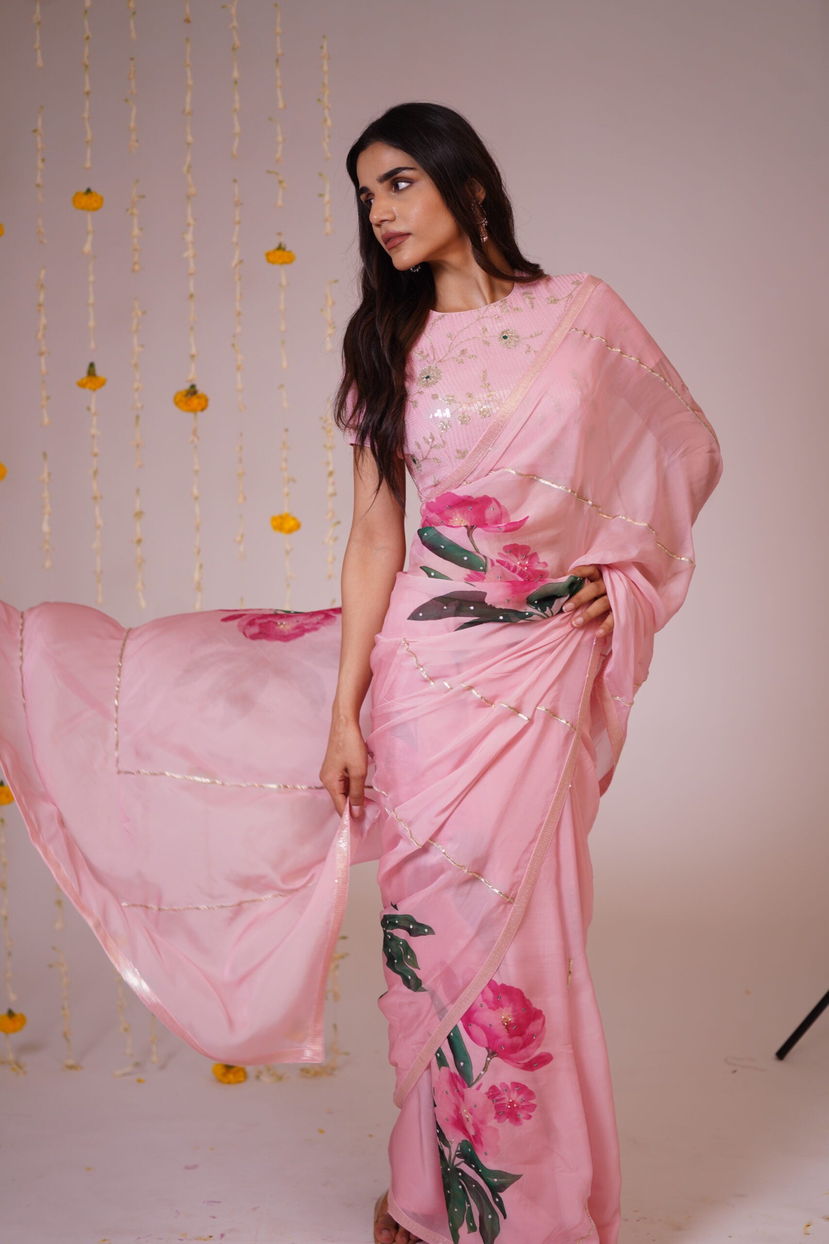 Mandhaara Patalam Pushpam Pink Floral Organza Saree - Festive Elegance