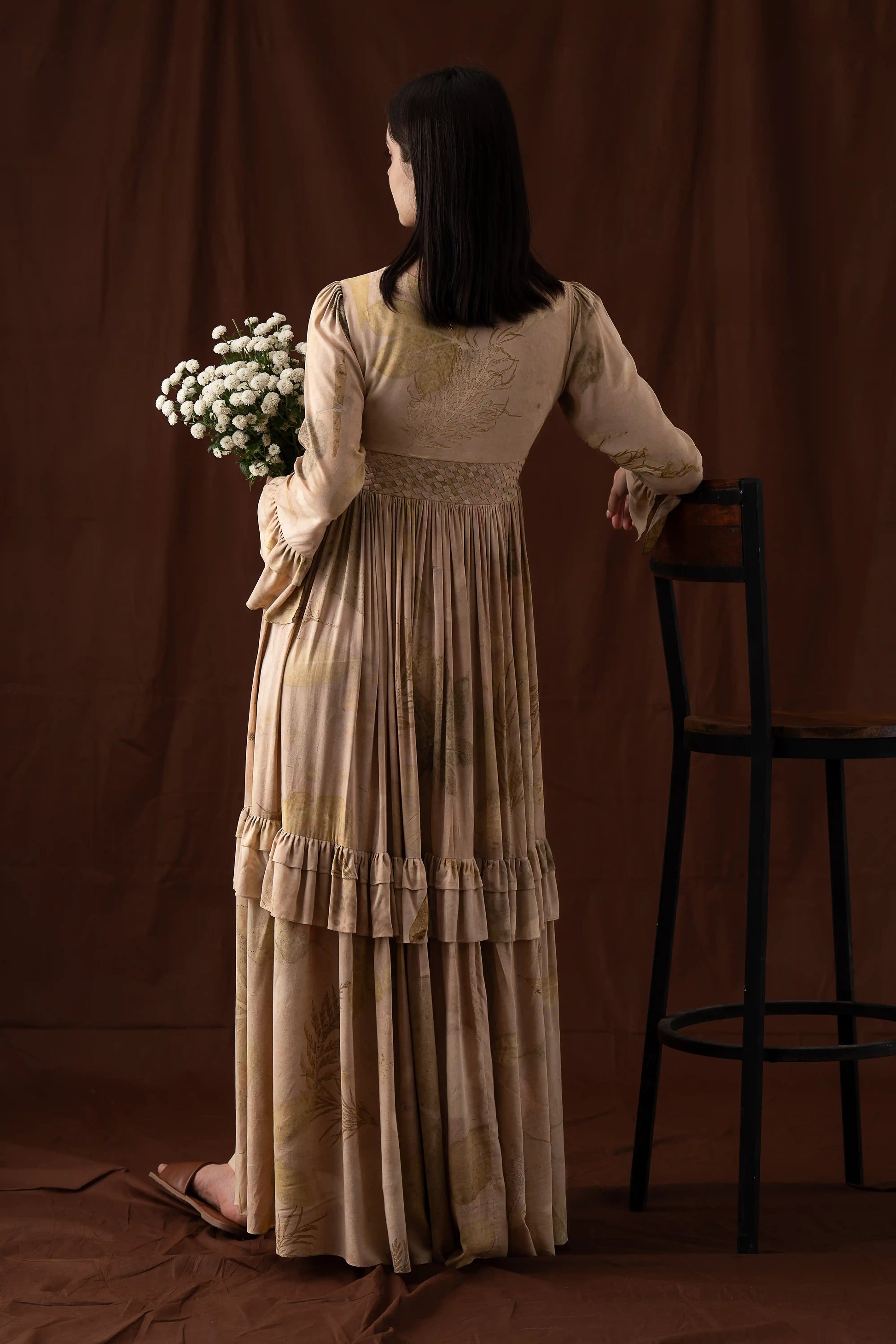 Elegant Beige Banana Fabric Mul Cotton V-Neck Tiered Maxi Dress