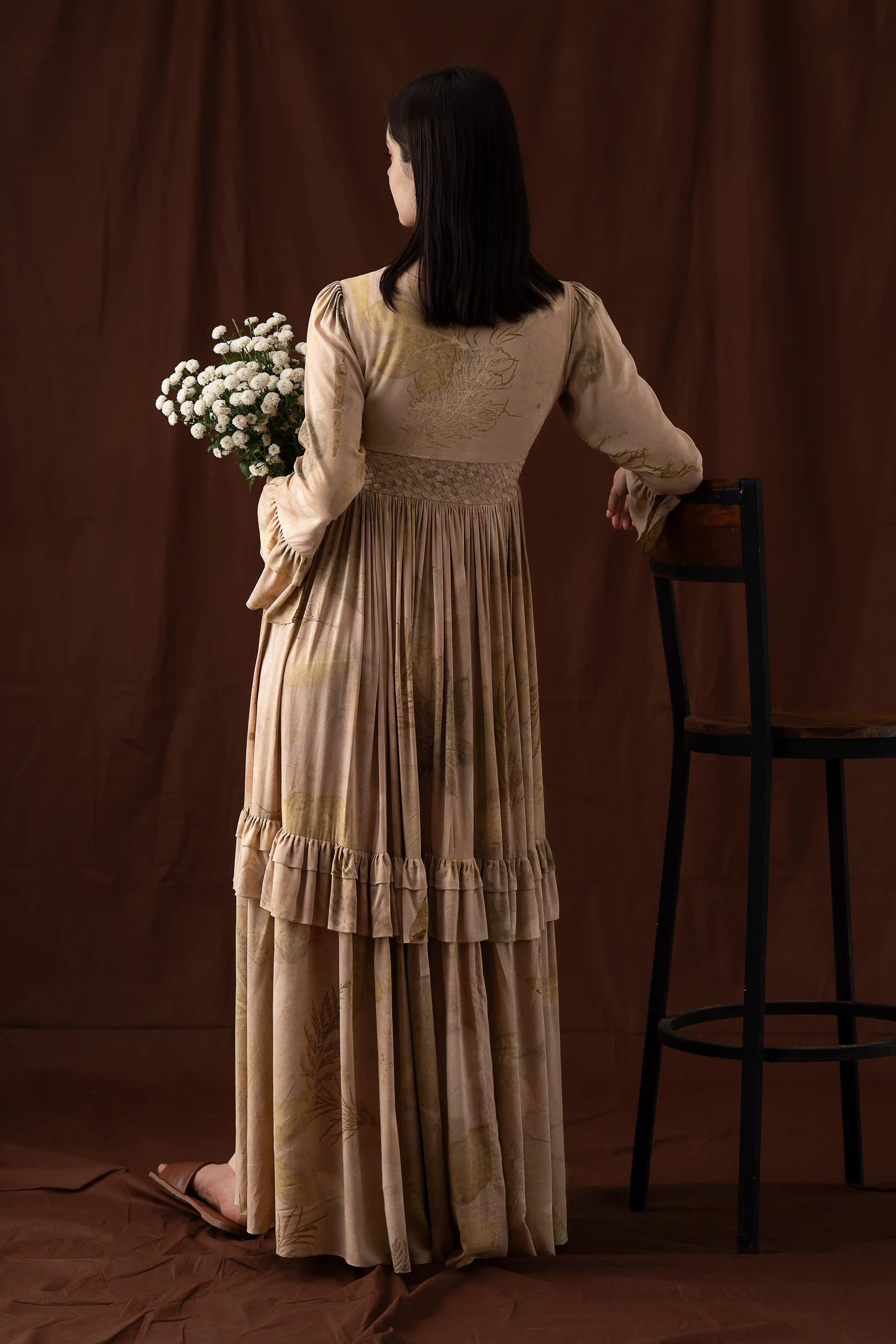 Elegant Beige Banana Fabric Mul Cotton V-Neck Tiered Maxi Dress