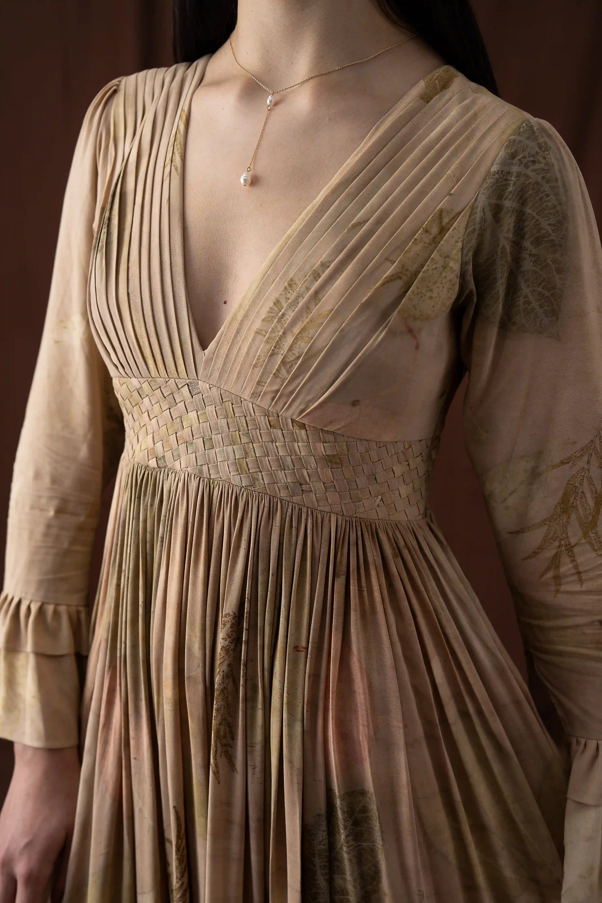 Elegant Beige Banana Fabric Mul Cotton V-Neck Tiered Maxi Dress