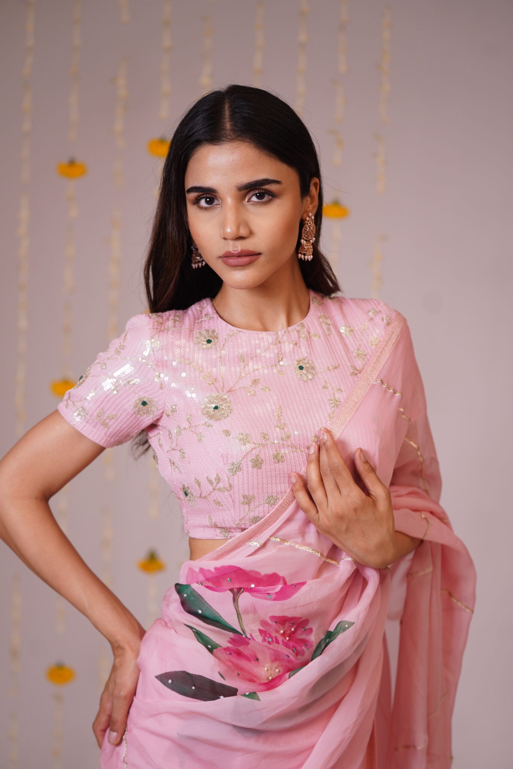 Mandhaara Patalam Pushpam Pink Floral Organza Saree - Festive Elegance