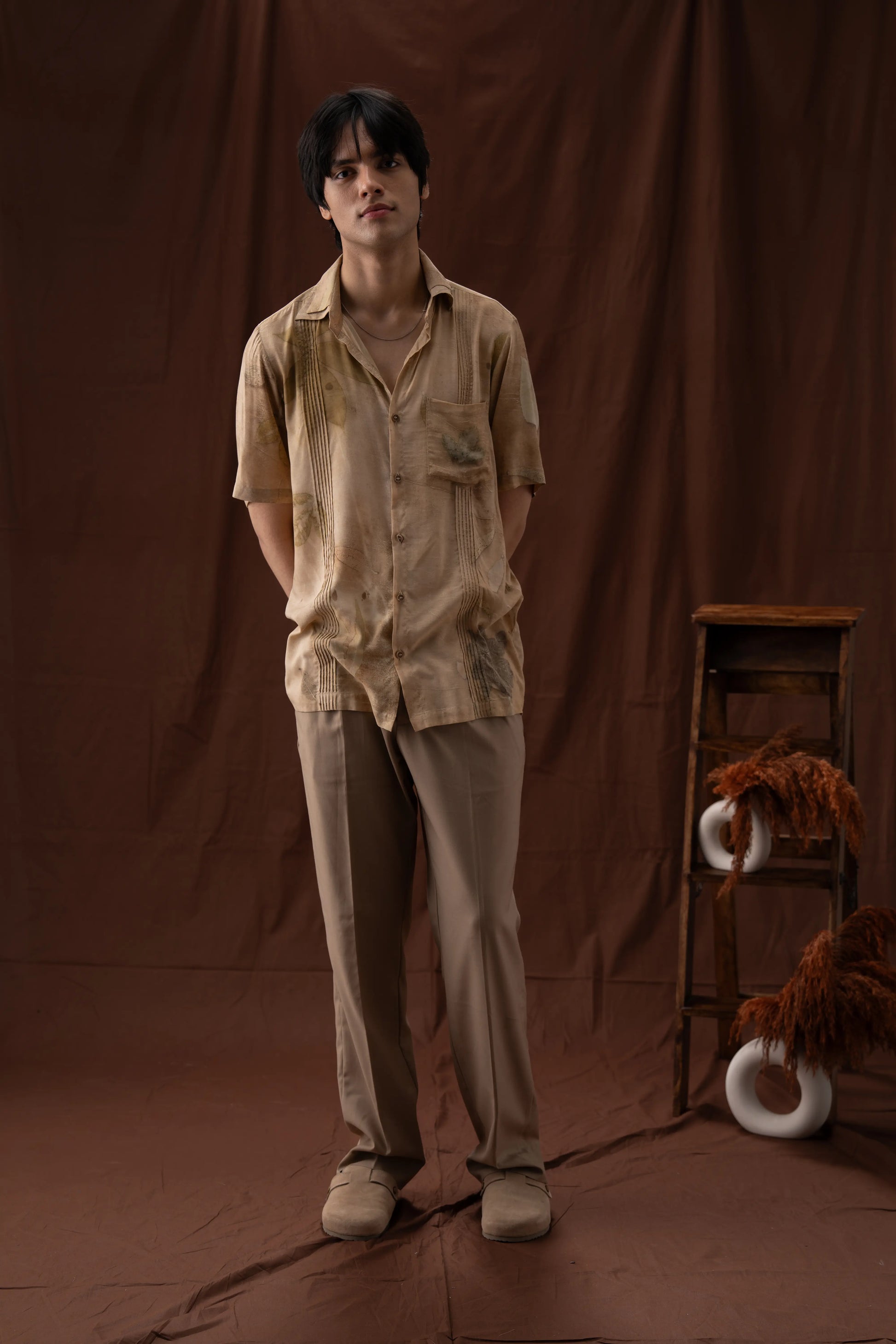 Rustic Beige Banana Fiber Eco-Printed Leaf Pattern Shirt