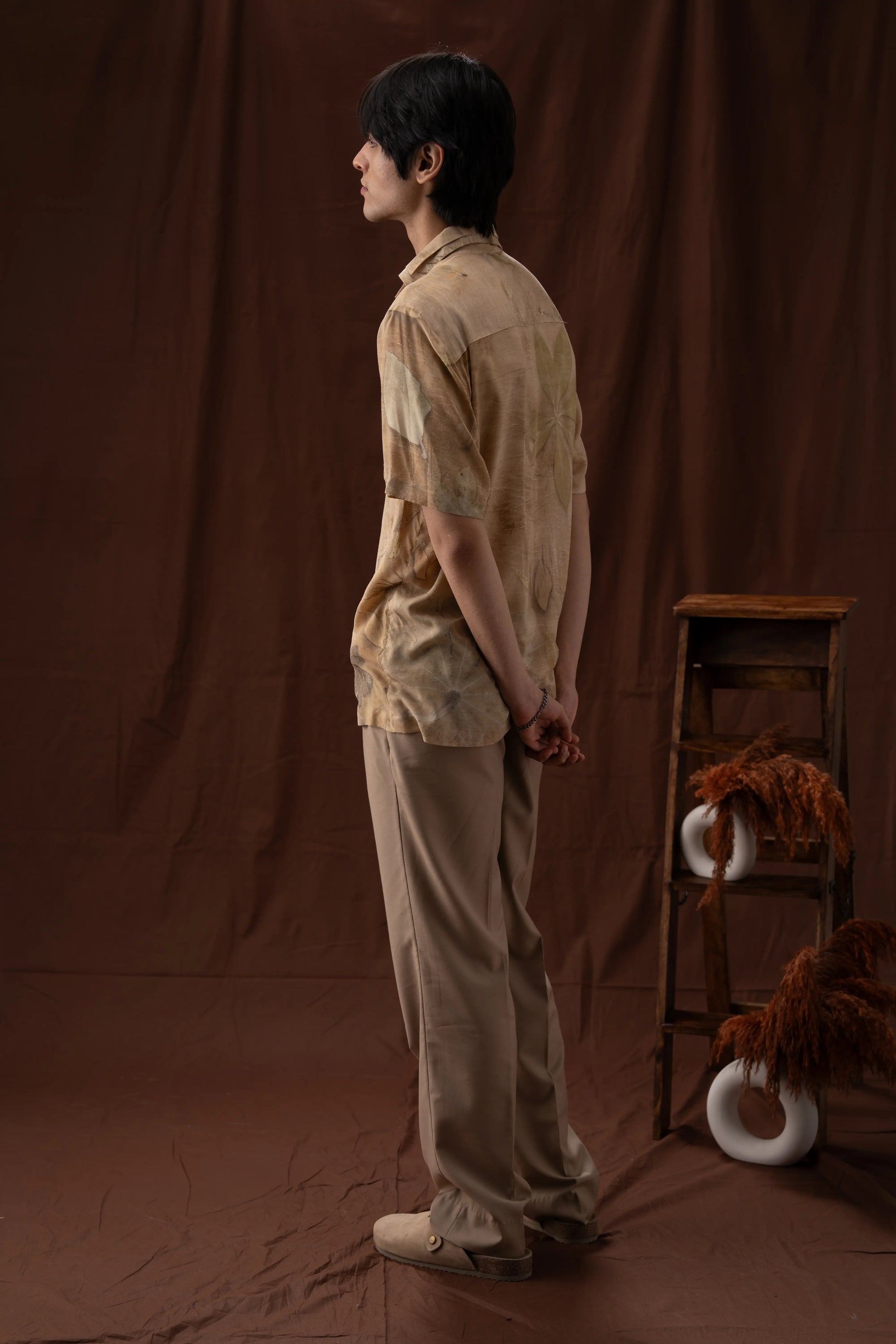 Rustic Beige Banana Fiber Eco-Printed Leaf Pattern Shirt