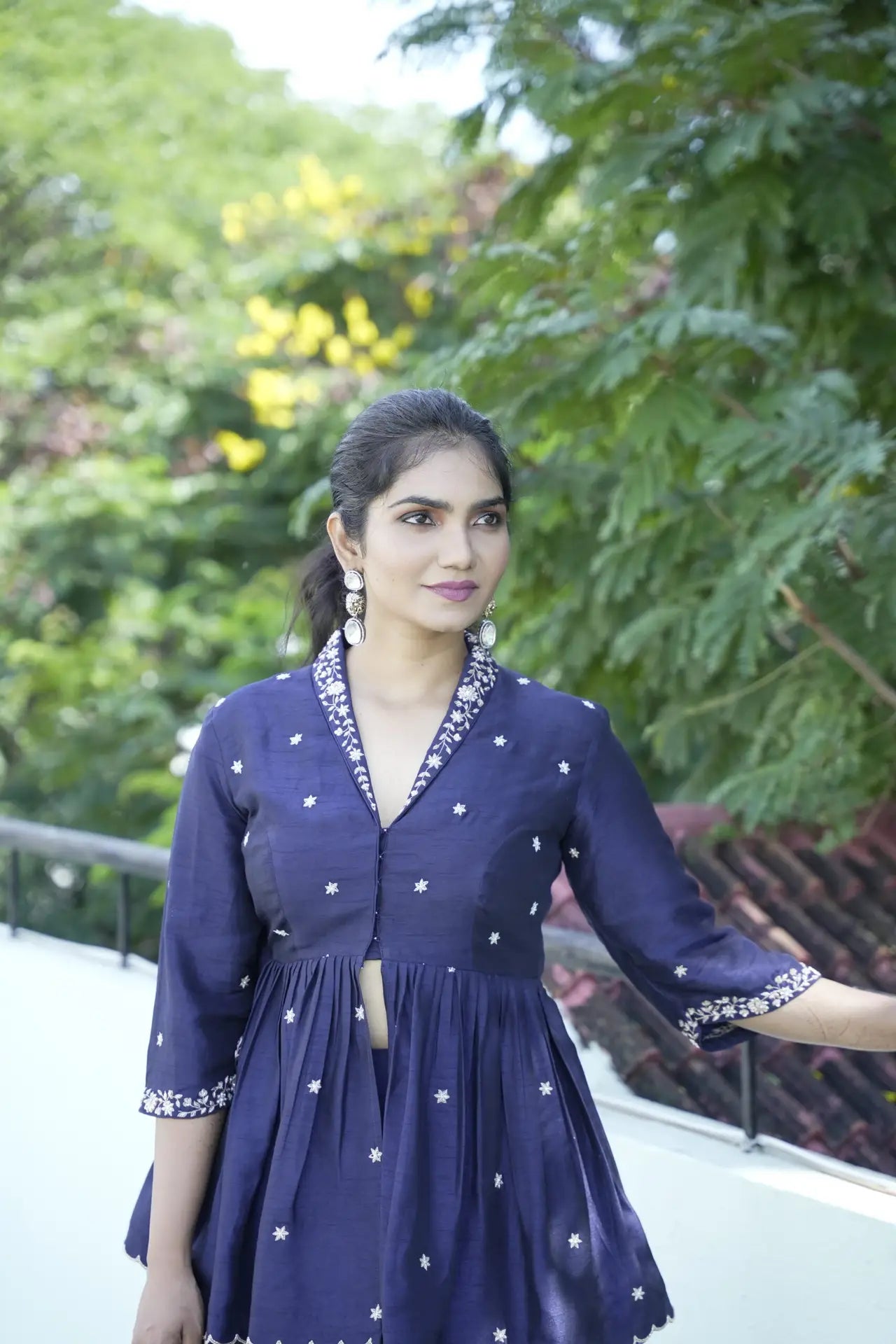 Elegant Blue Midnight Dupion Silk Organza Peplum Lehenga Zardosi