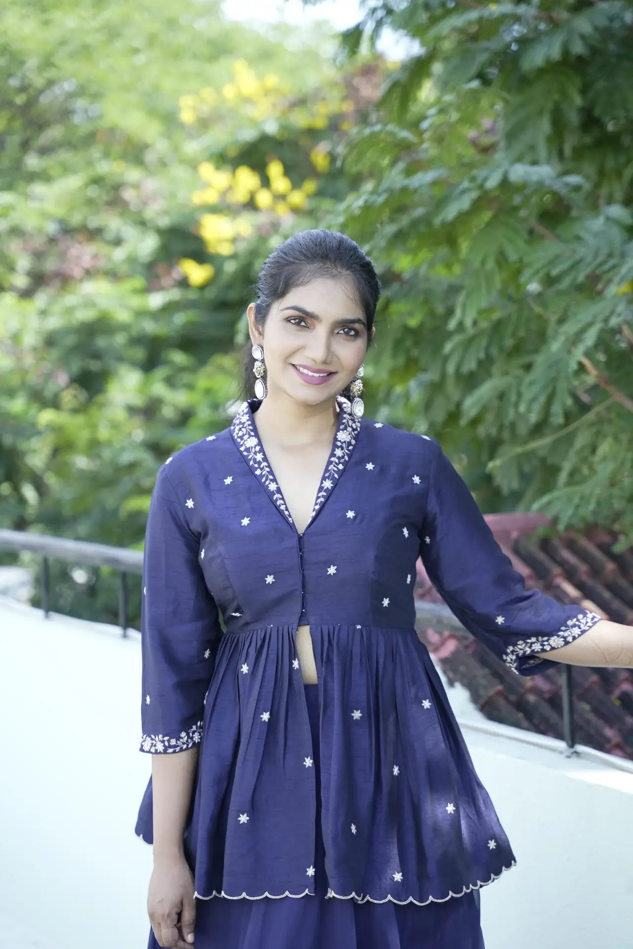 Elegant Blue Midnight Dupion Silk Organza Peplum Lehenga Zardosi