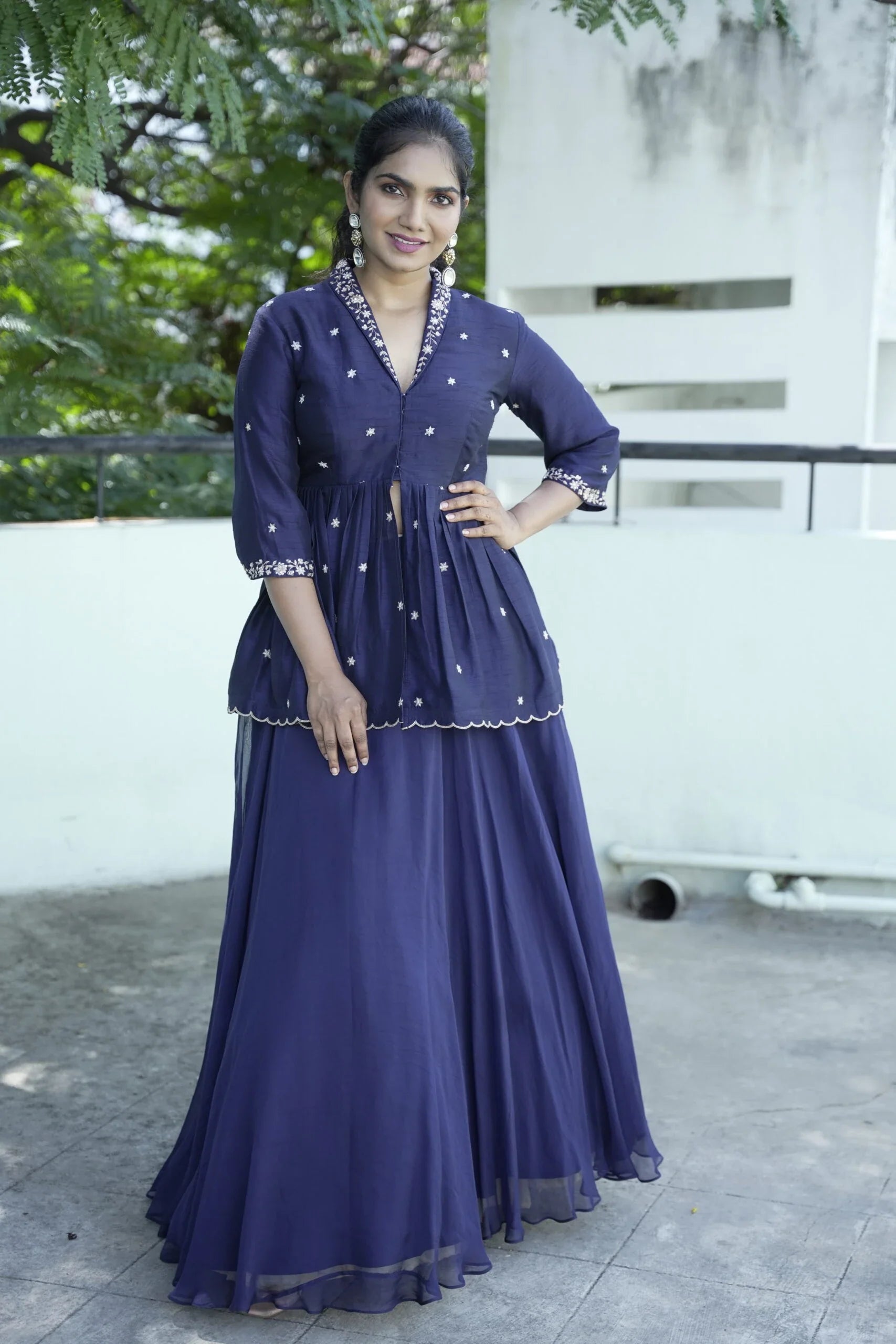 Elegant Blue Midnight Dupion Silk Organza Peplum Lehenga Zardosi