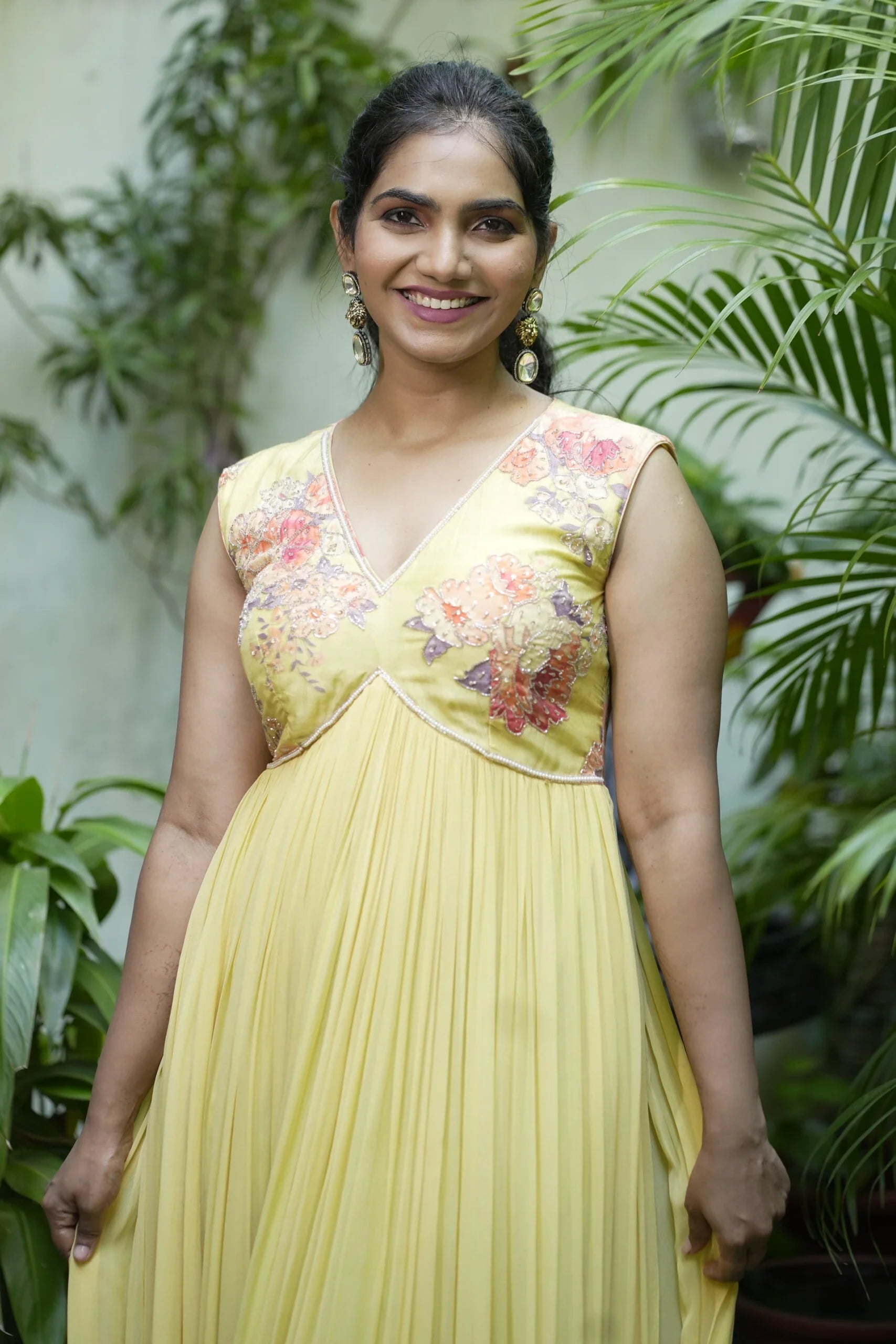 Elegant Yellow Daisy Muslin Georgette Floral Long Frock