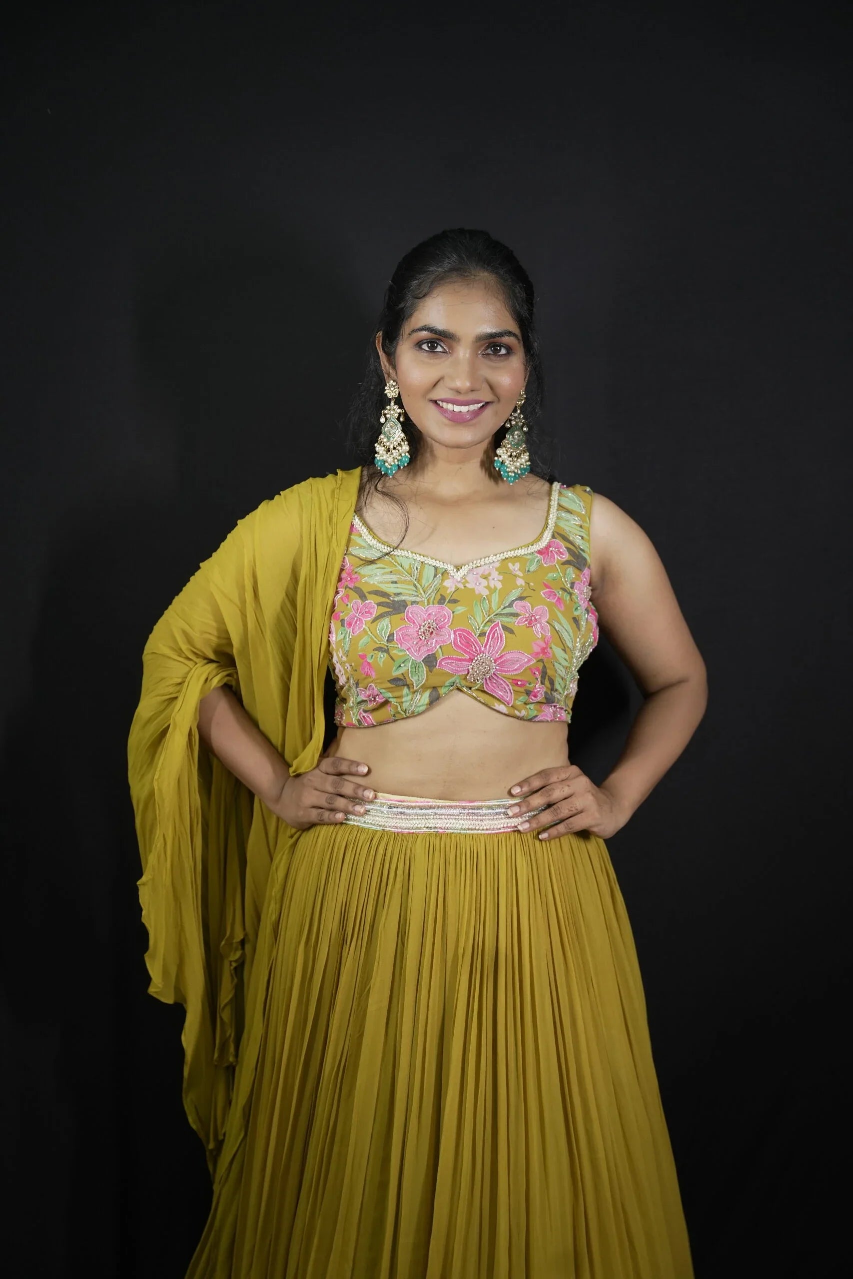 Exquisite Green Mehendi Georgette Floral Lehenga Cutdana Pearl