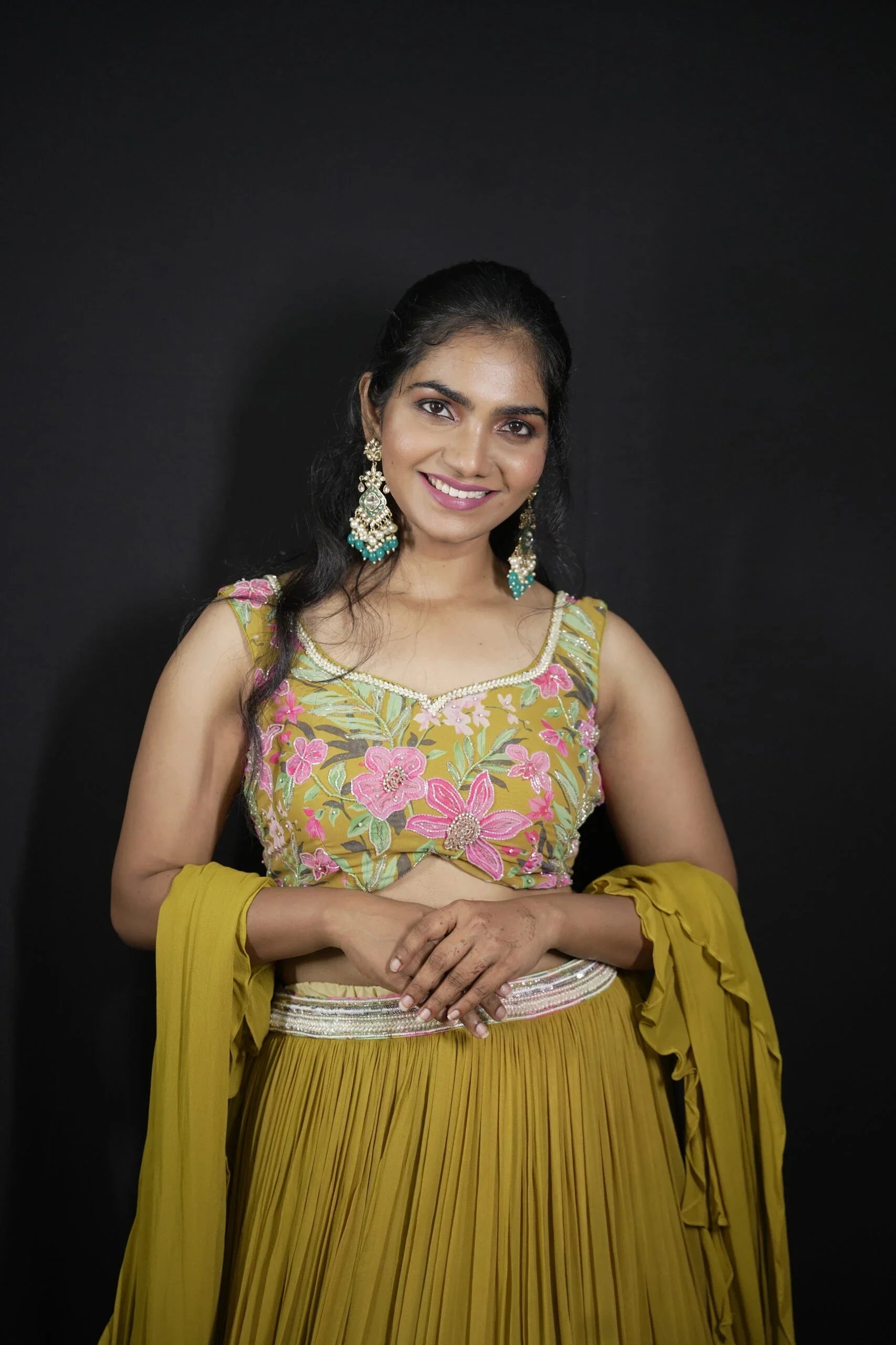 Exquisite Green Mehendi Georgette Floral Lehenga Cutdana Pearl