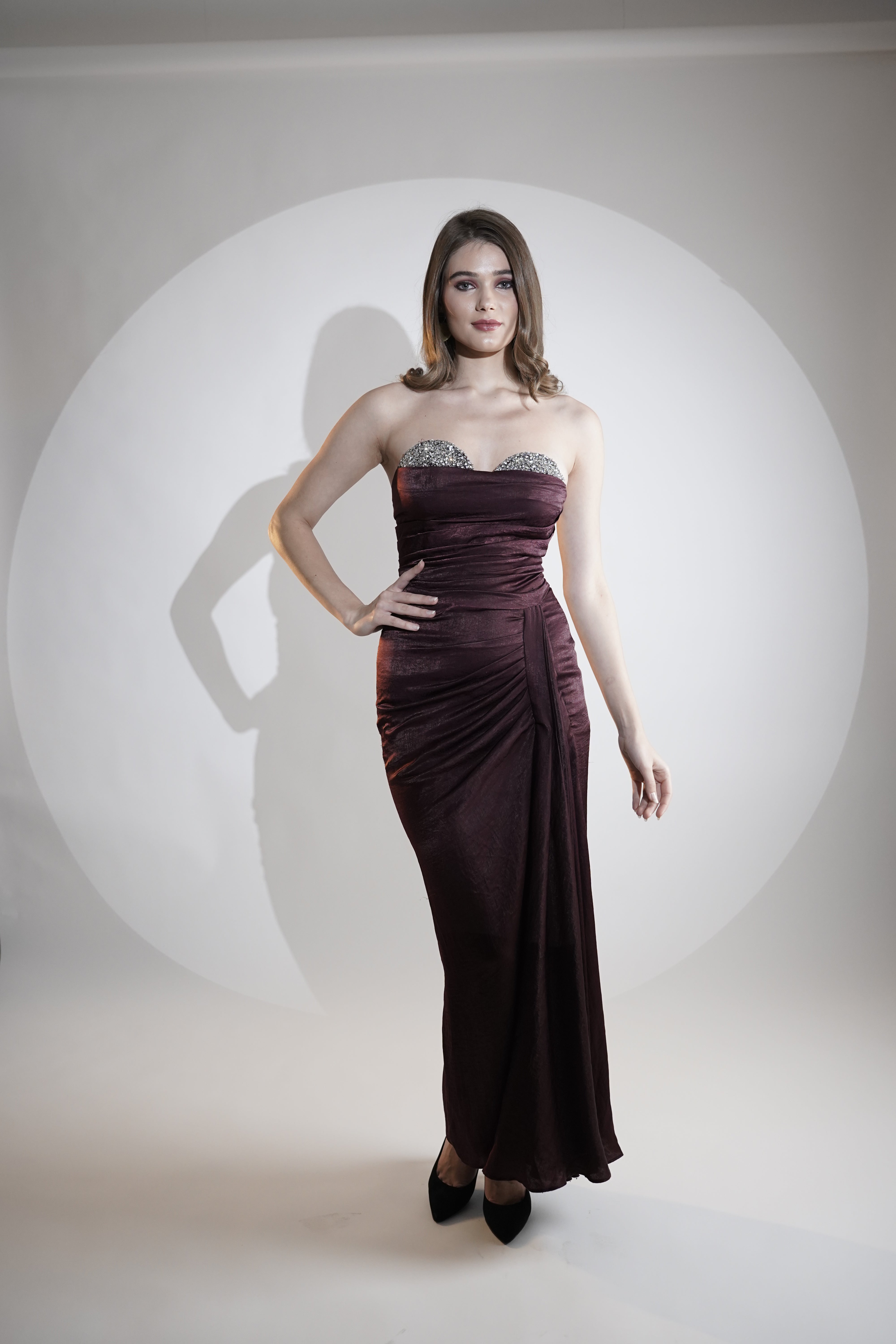 Dazzling Maroon Viscose Satin Ember Grace Off-Shoulder Gown