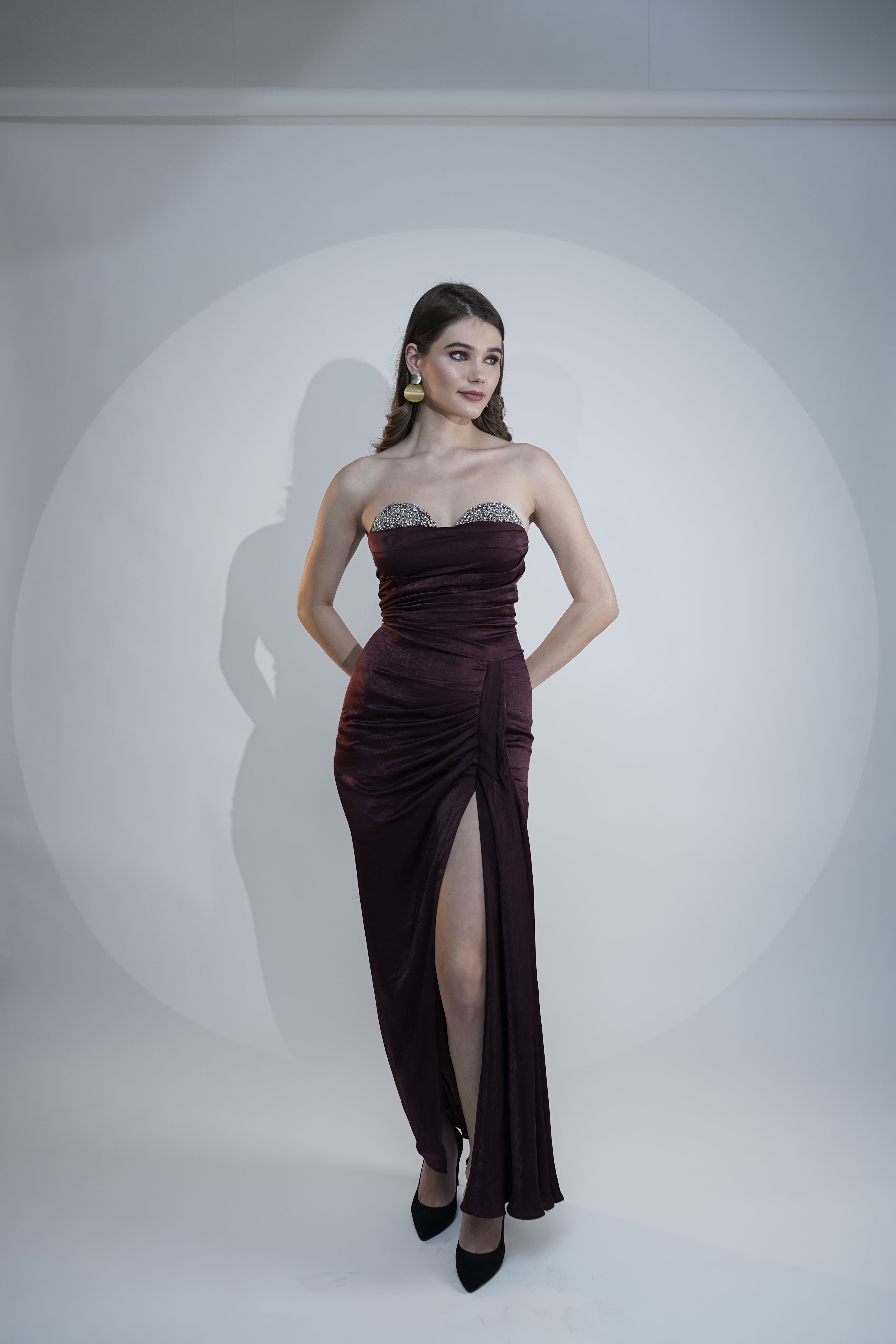 Dazzling Maroon Viscose Satin Ember Grace Off-Shoulder Gown