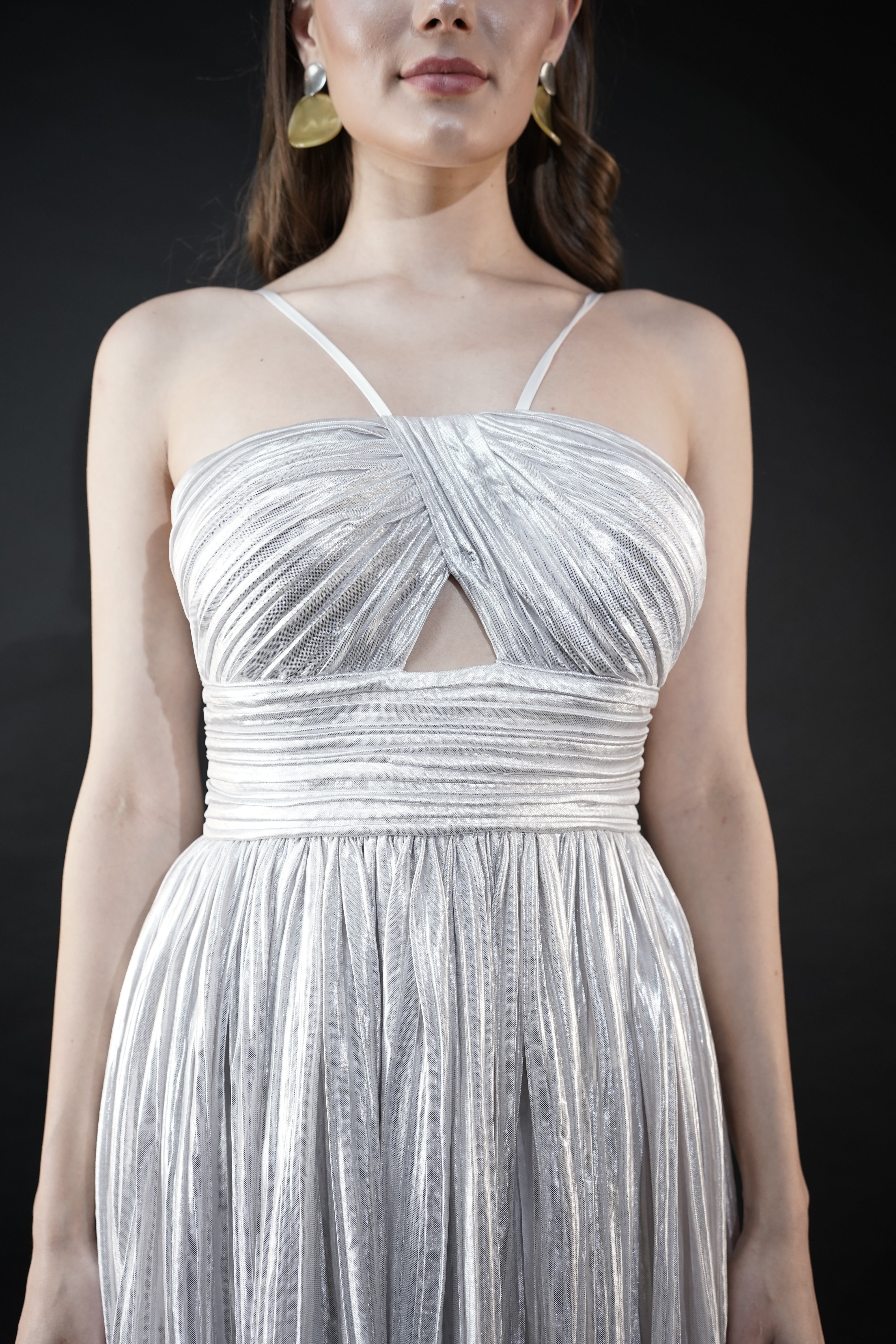 Opulent Silver Polyester Satin Diamond Dust Halter Gown