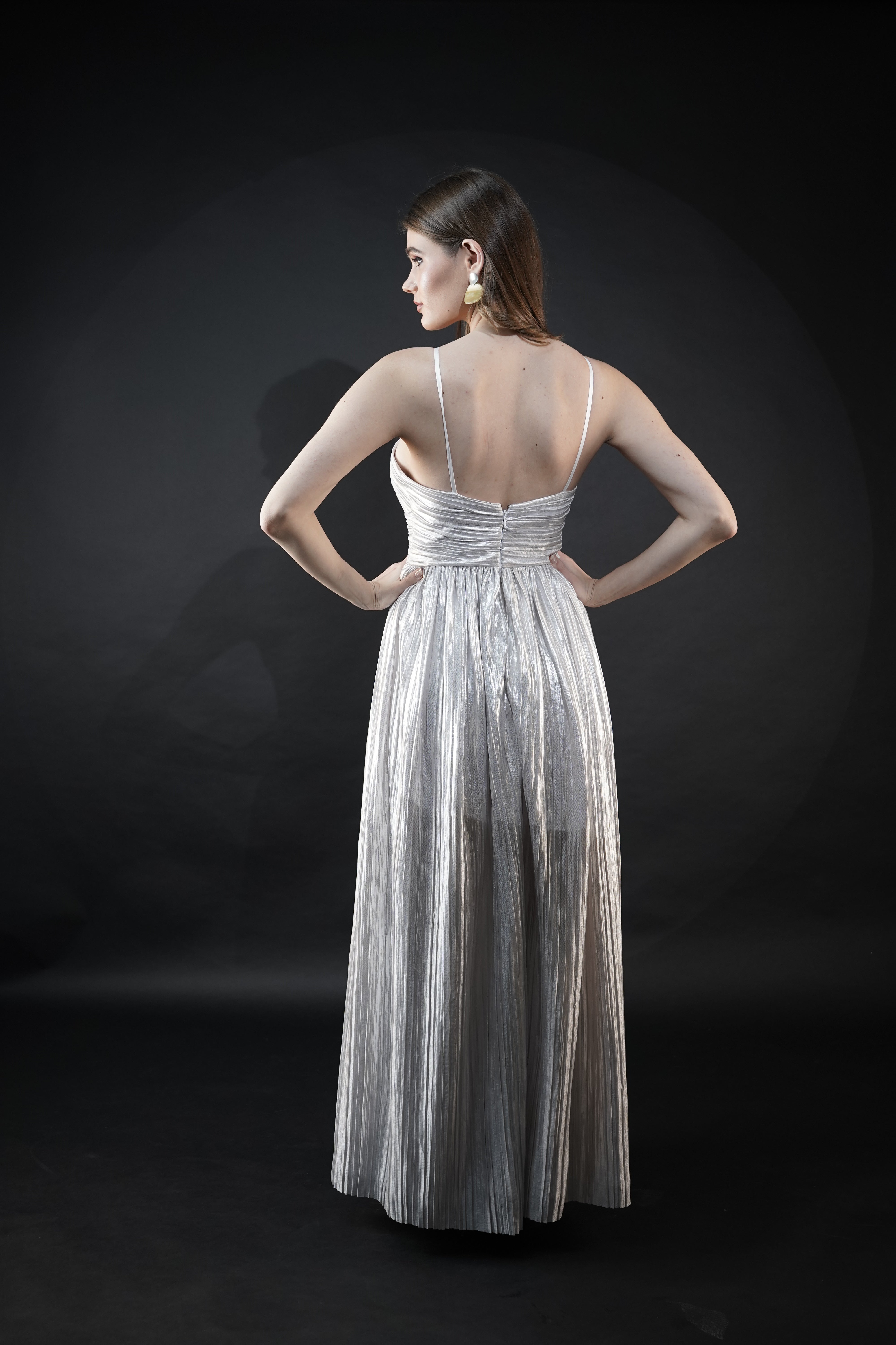 Opulent Silver Polyester Satin Diamond Dust Halter Gown